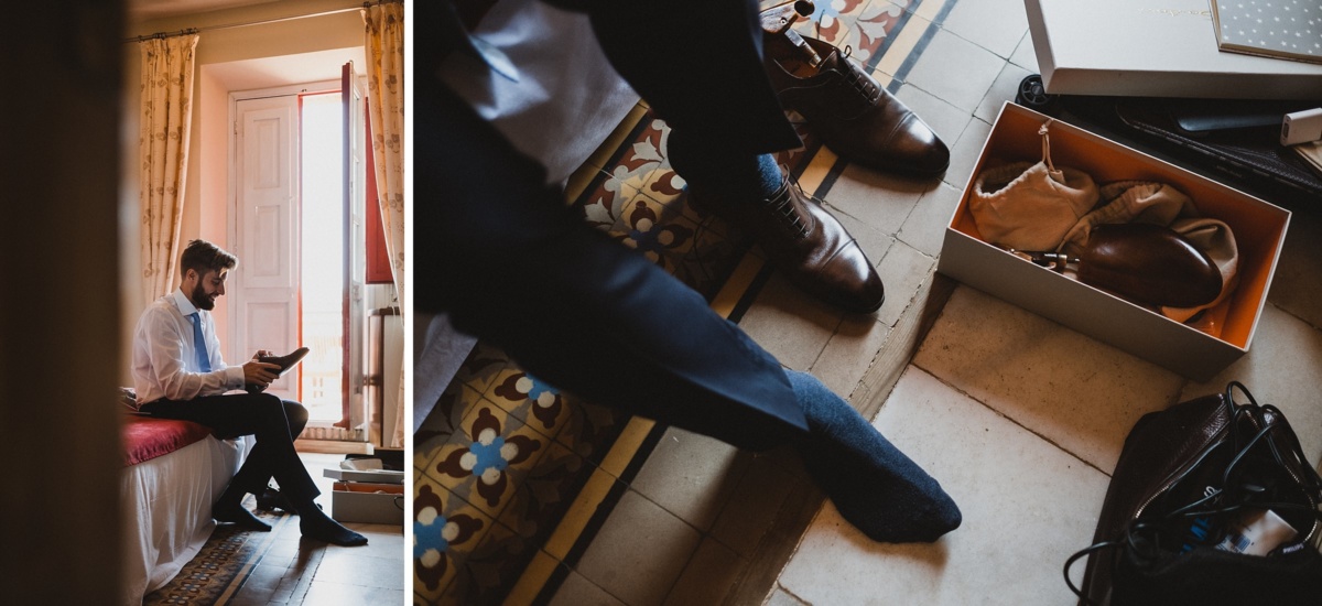 Frau Siemers - Bildpoeten - Hochzeitsfotografie in Barcelona - Clos la Plana Location der Hochzeit - Getting Ready des Bräutigams - Bräutigam zieht Schuhe an 