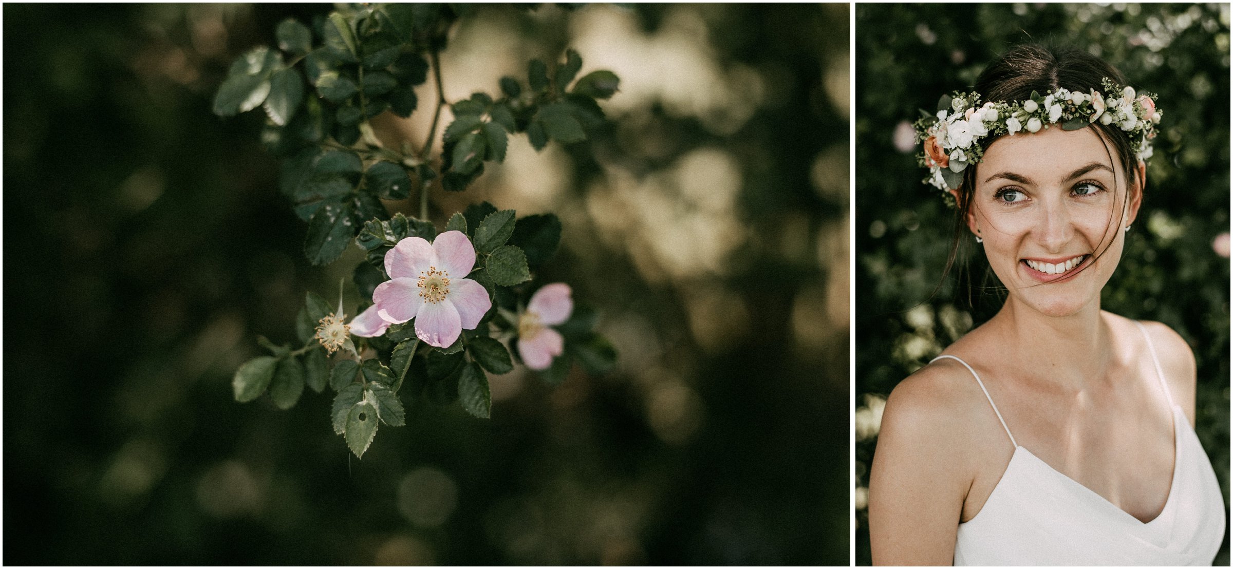 Wiesenhochzeit: Portrait der Braut mit Blumenkranz