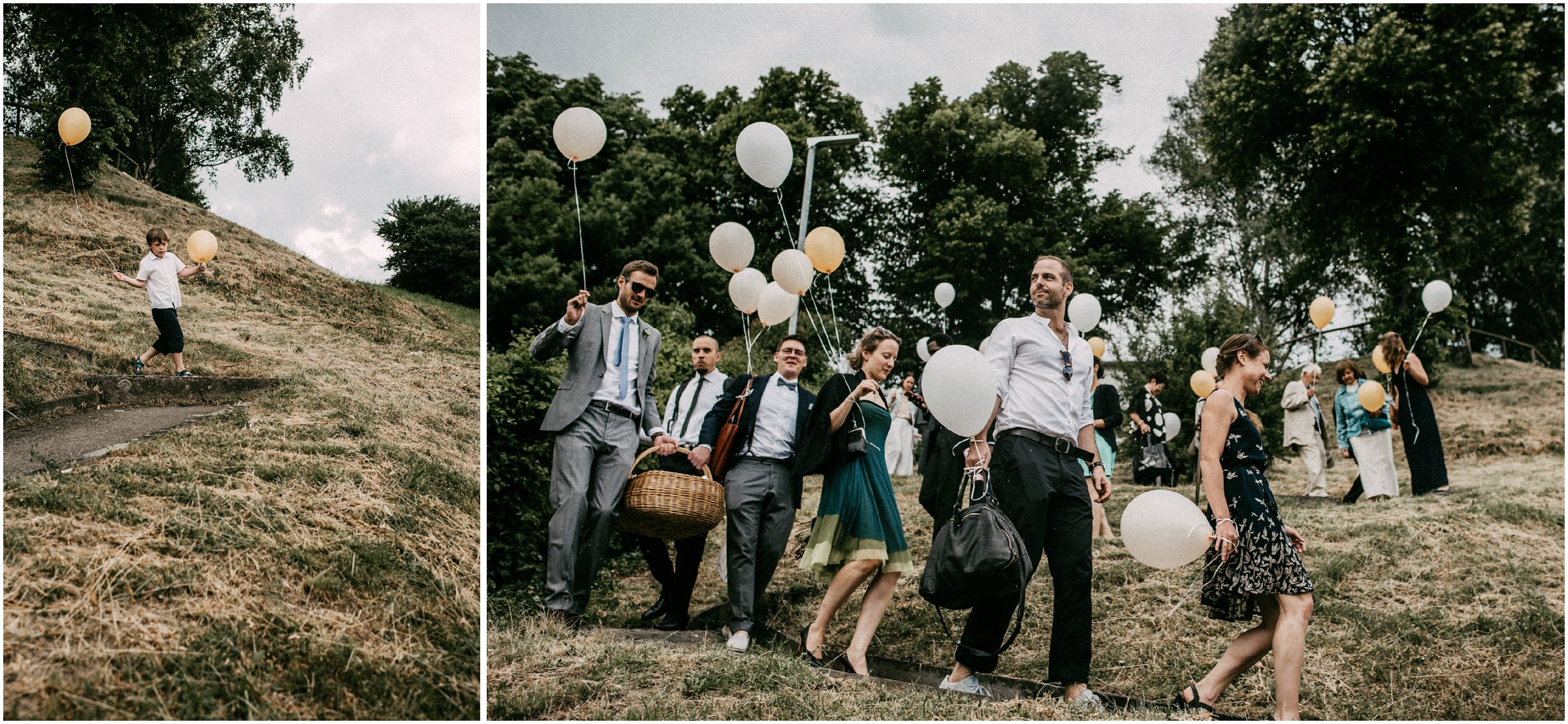 Wiesenhochzeit: Hochzeitsgesellschaft auf dem Weg zum Gruppenbild