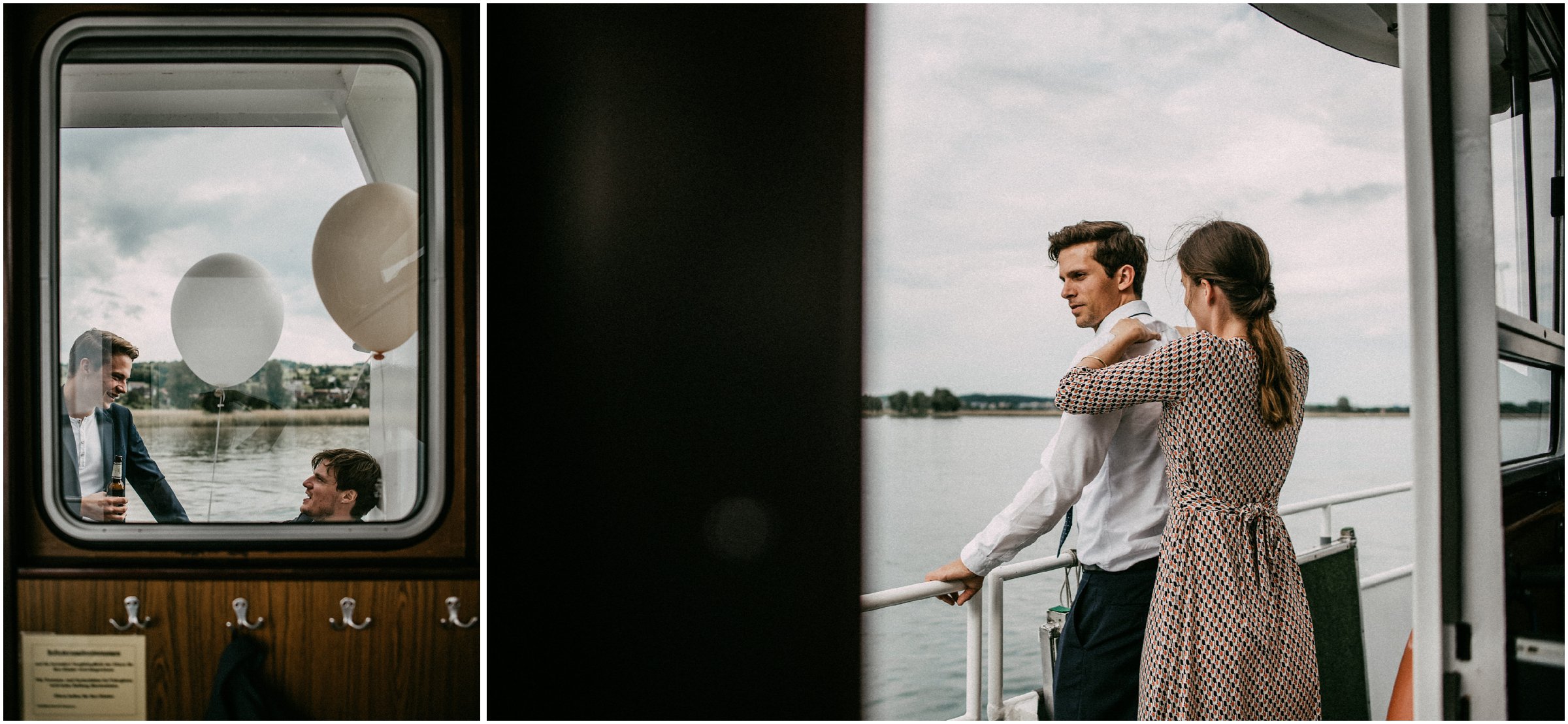 Wiesenhochzeit: Hochzeitsgäste genießen die Aussicht auf dem Boot