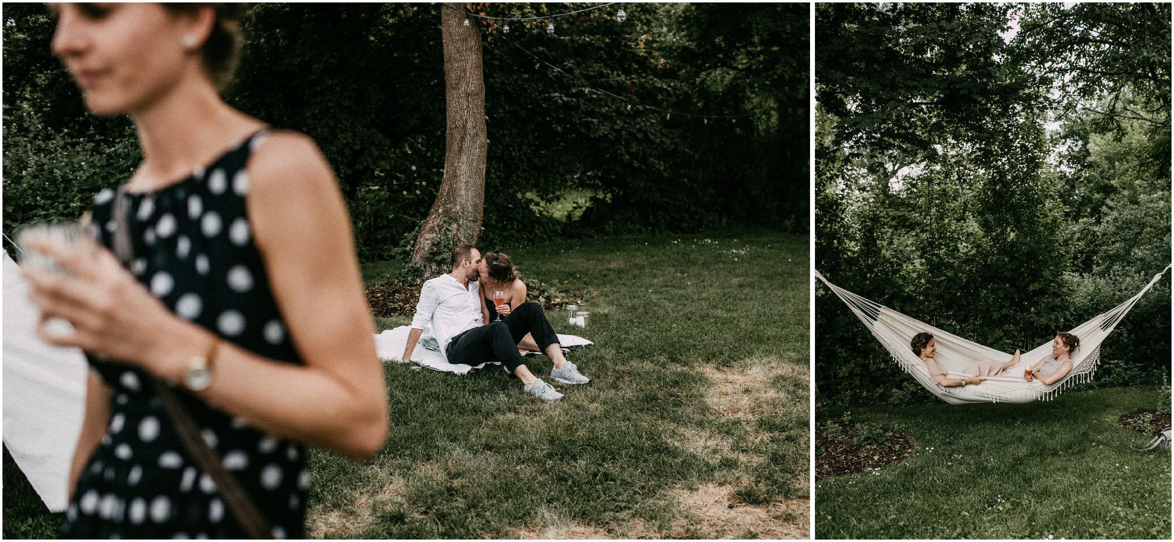 Wiesenhochzeit: Gäste in Hängematte und auf einer Picknickdecke