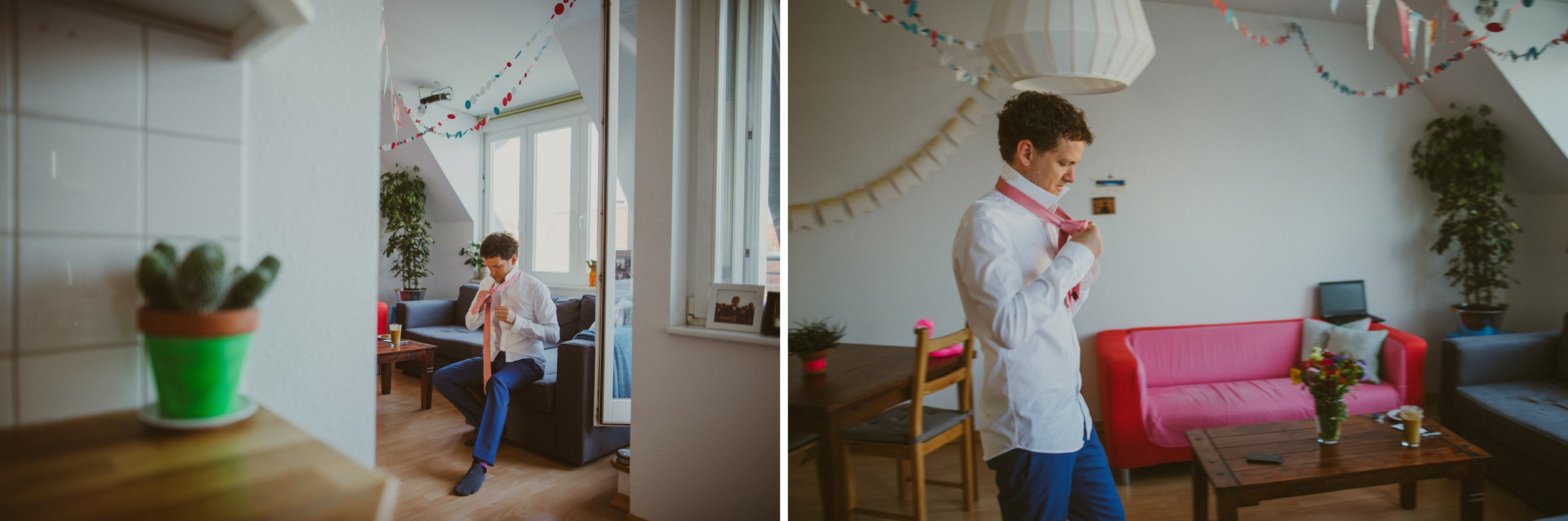 Hochzeit in Berlin: Bräutigam bindet sich die rosane Krawatte