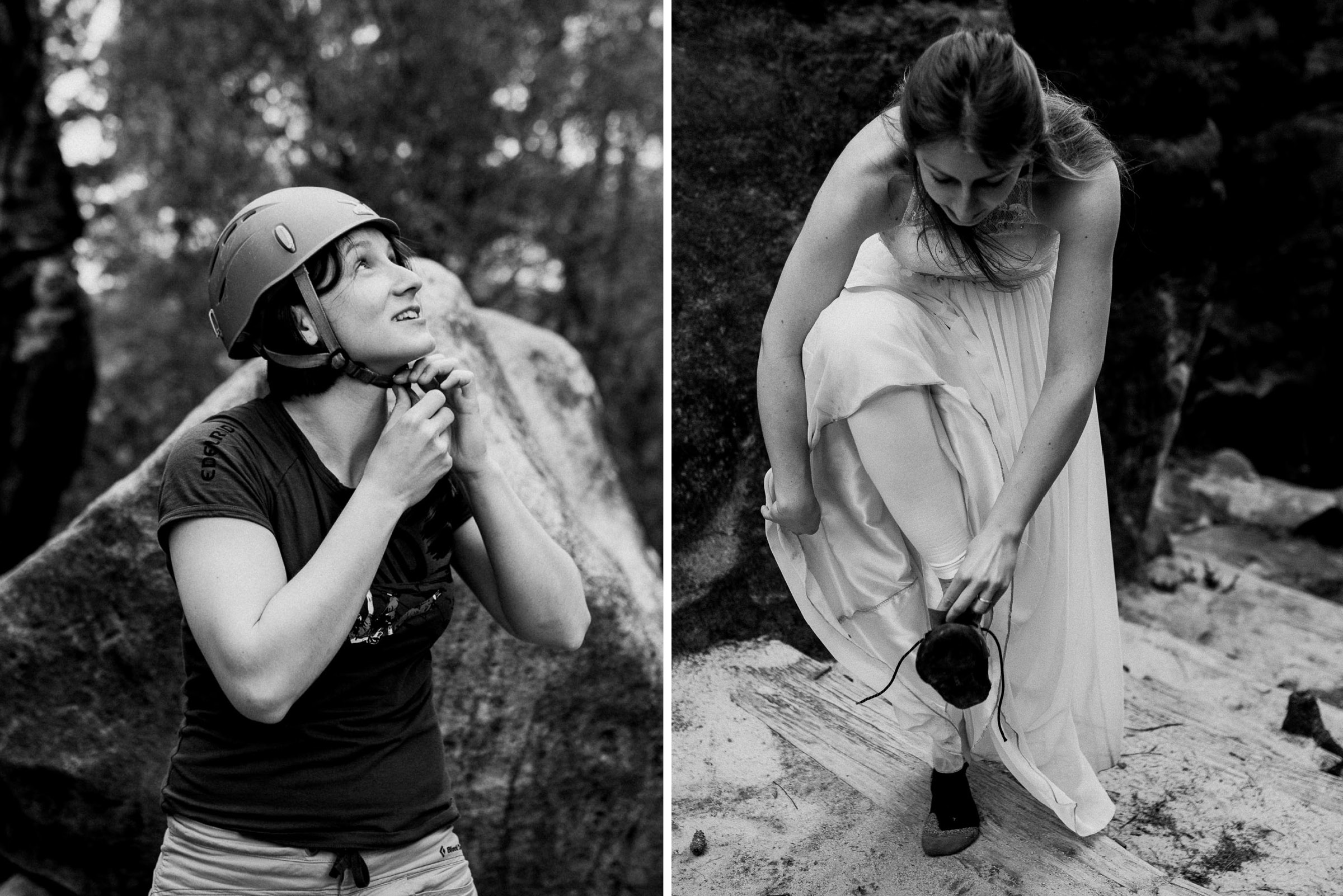 Outdoor-Hochzeit: links Hochzeitsgast mit Kletterhelm, rechts Braut im Kleid schnürt sich die Kletterschuhe