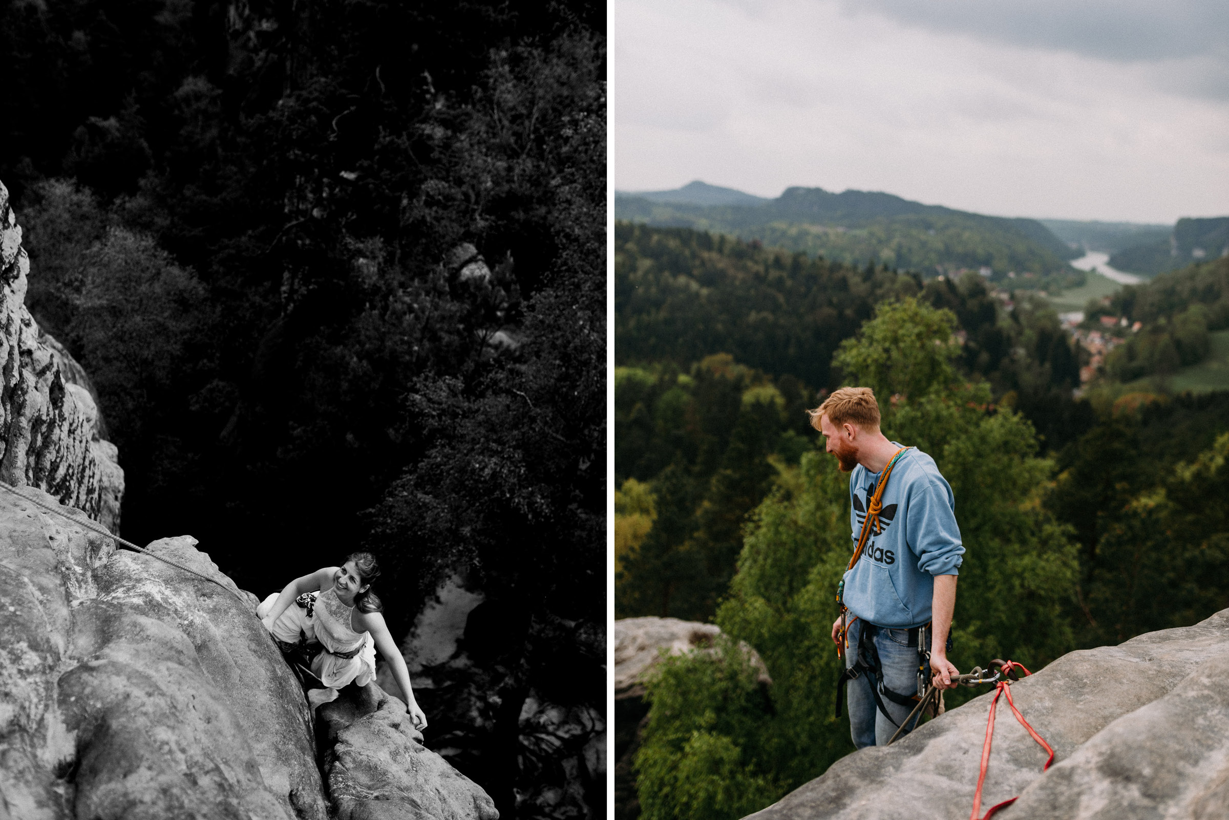 Outdoor-Hochzeit: links, kletternde Braut, rechts, Bräutigam schaut nach unten