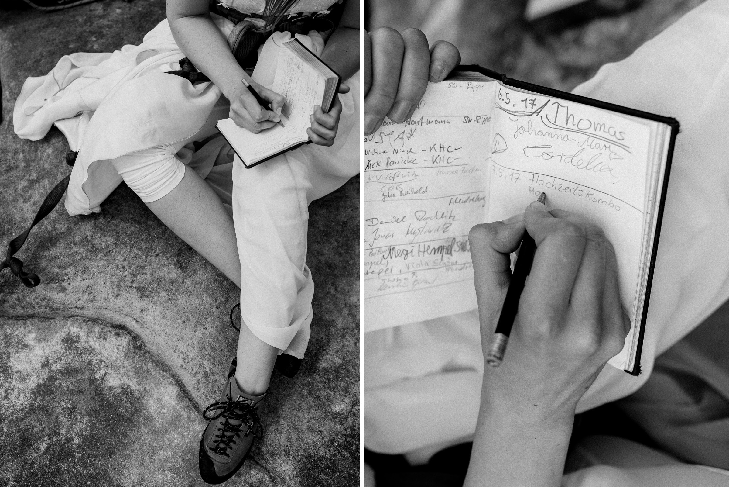 Outdoor-Hochzeit: Braut trägt die Namen in ein Klettererbuch auf dem Gipfel ein