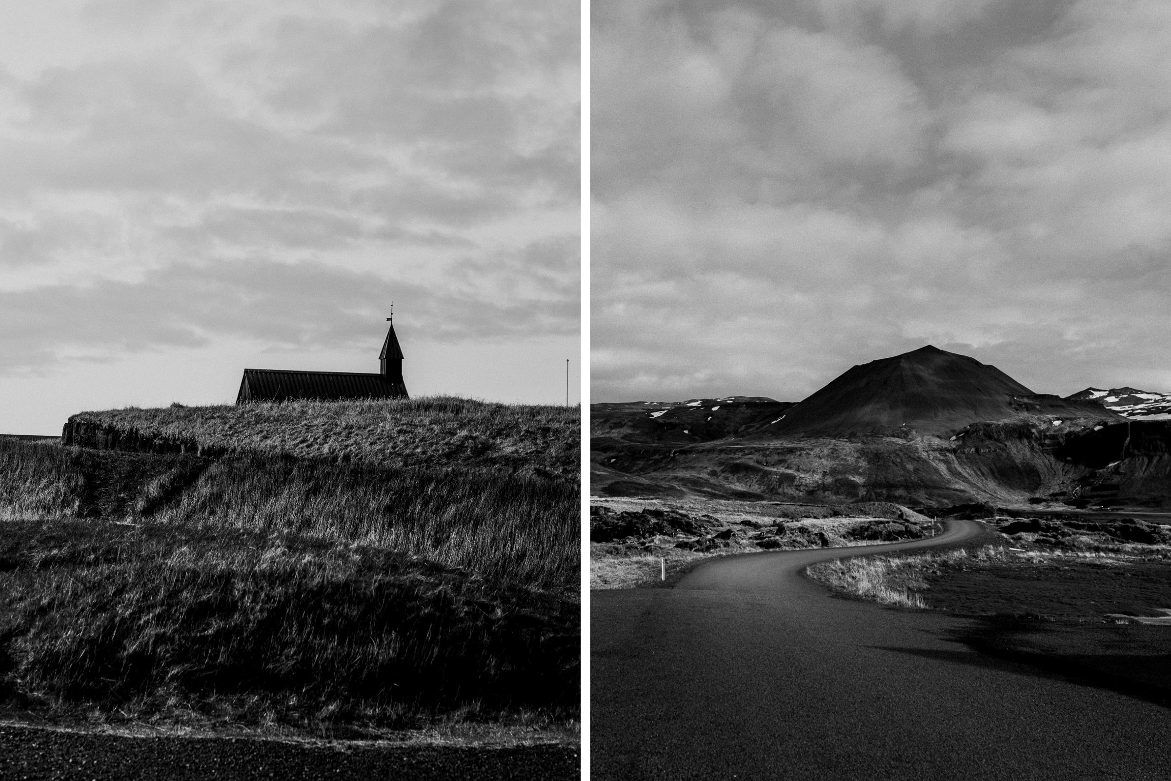Island-Hochzeit: Zwei schwarz-weiss Bilder in Hochformat, links Kirche von Budir, rechts eine Landstraße