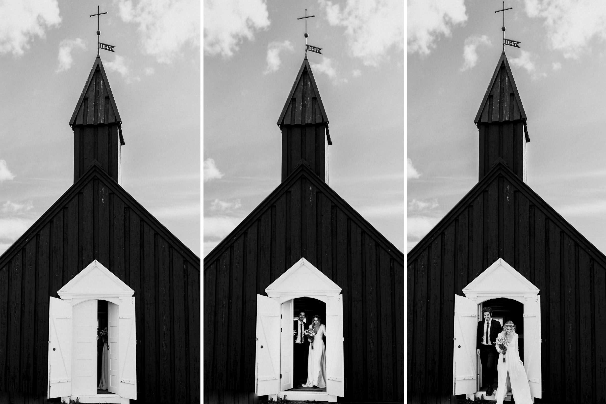 Island-Hochzeit: das Brautpaar kommt aus der Kirche