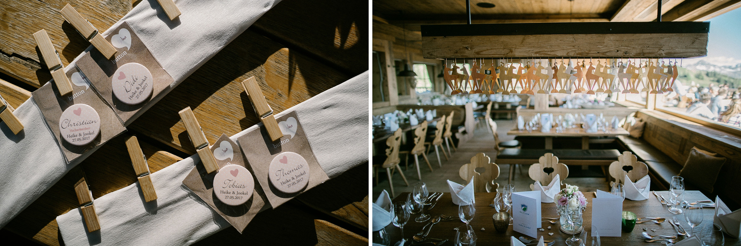 Alpenhochzeit: Tischdeko und Aufnahme der gedeckten Tische