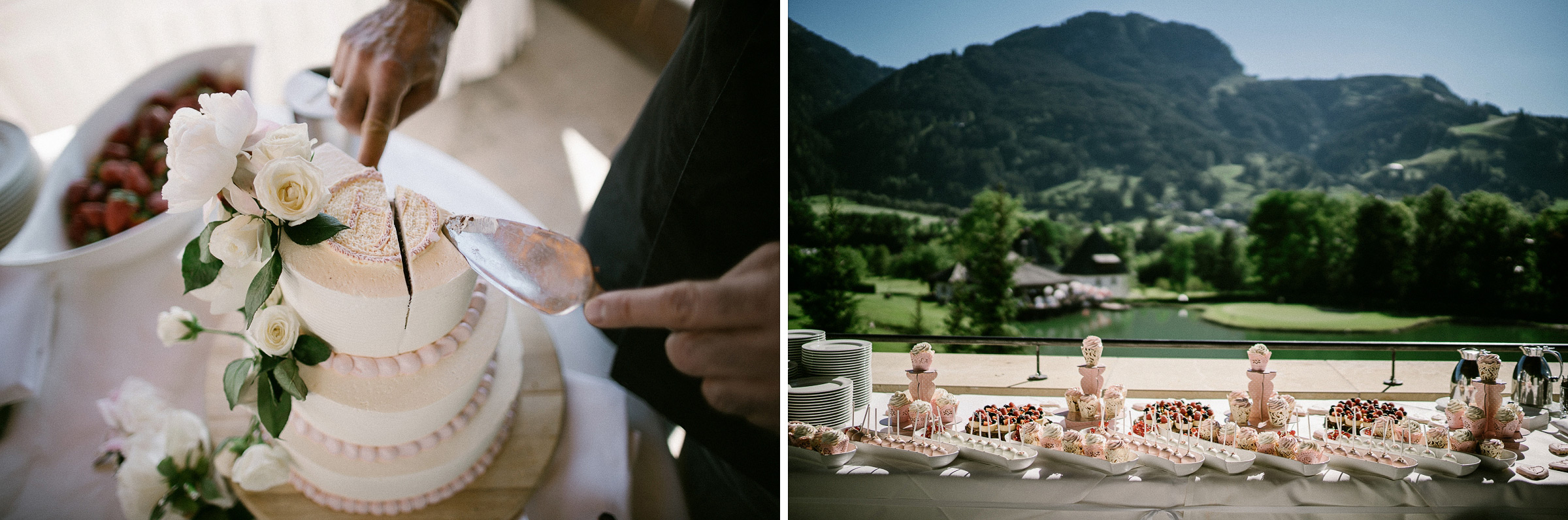 Alpenhochzeit: die Hochzeitstorte und das Kuchenbuffet