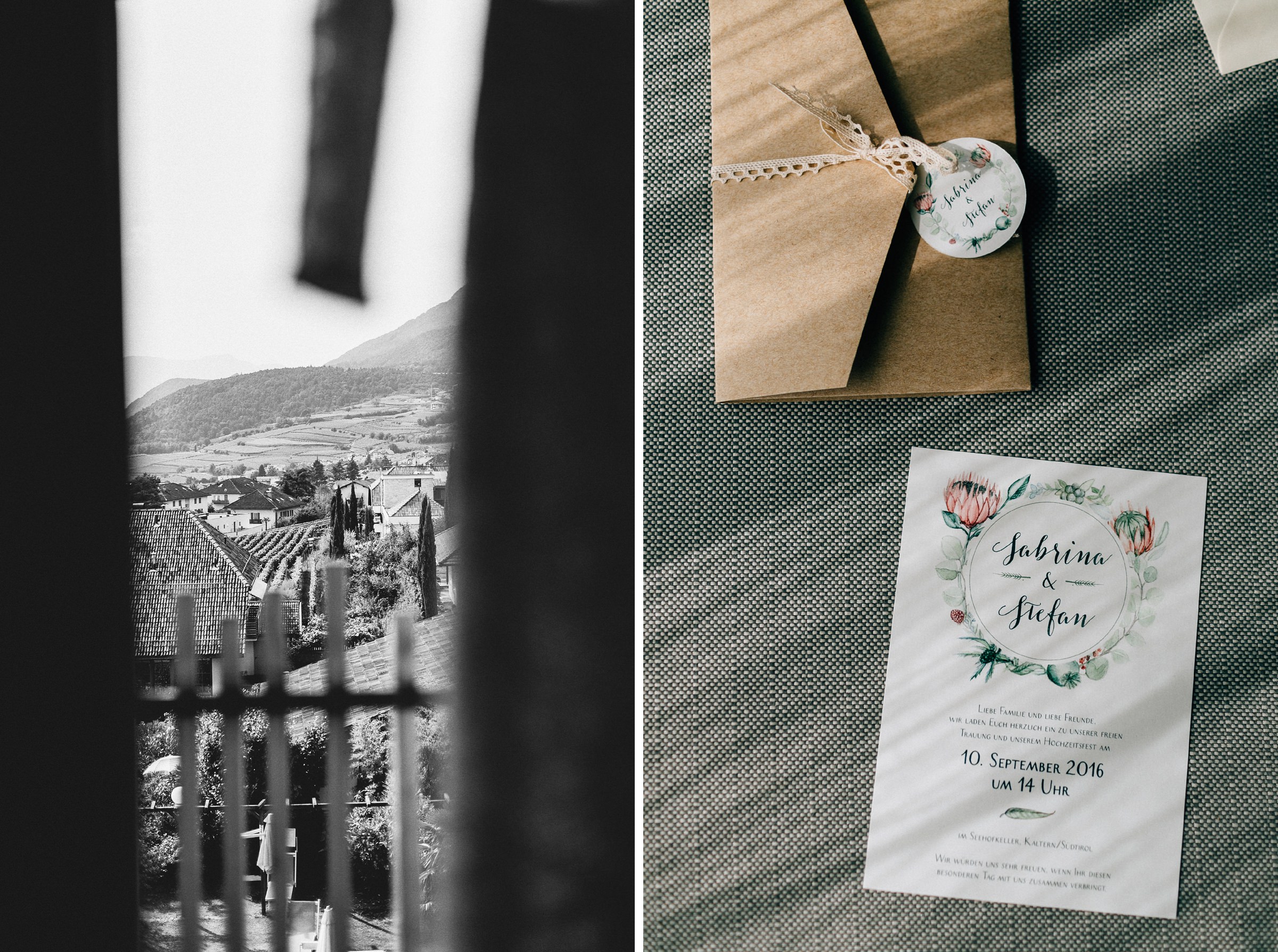 Zwei Hochkant-Bilder: links ein Ausblick über die italienische Region Bozen, rechts, die Einladungskarten für die mediterrane Hochzeit in schöner Kalligraphie