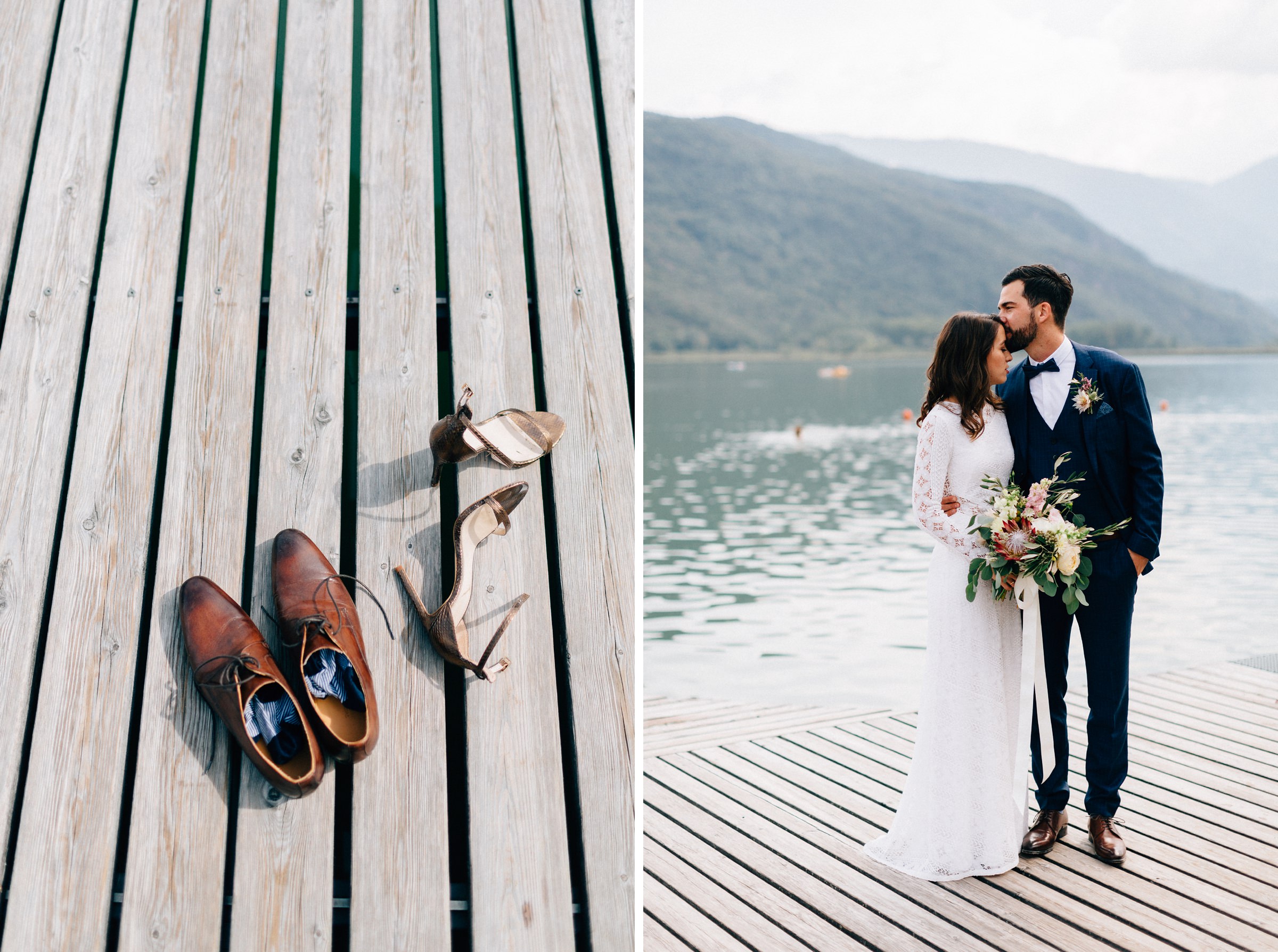 zwei Bilder in Hochkant: links die beiden Schuhpaare der Braut und des Bräutigams der mediterranen Hochzeit liegen auf dem Steg in der Sonne, rechts steht das Brautpaar auf dem Steg und küsst sich