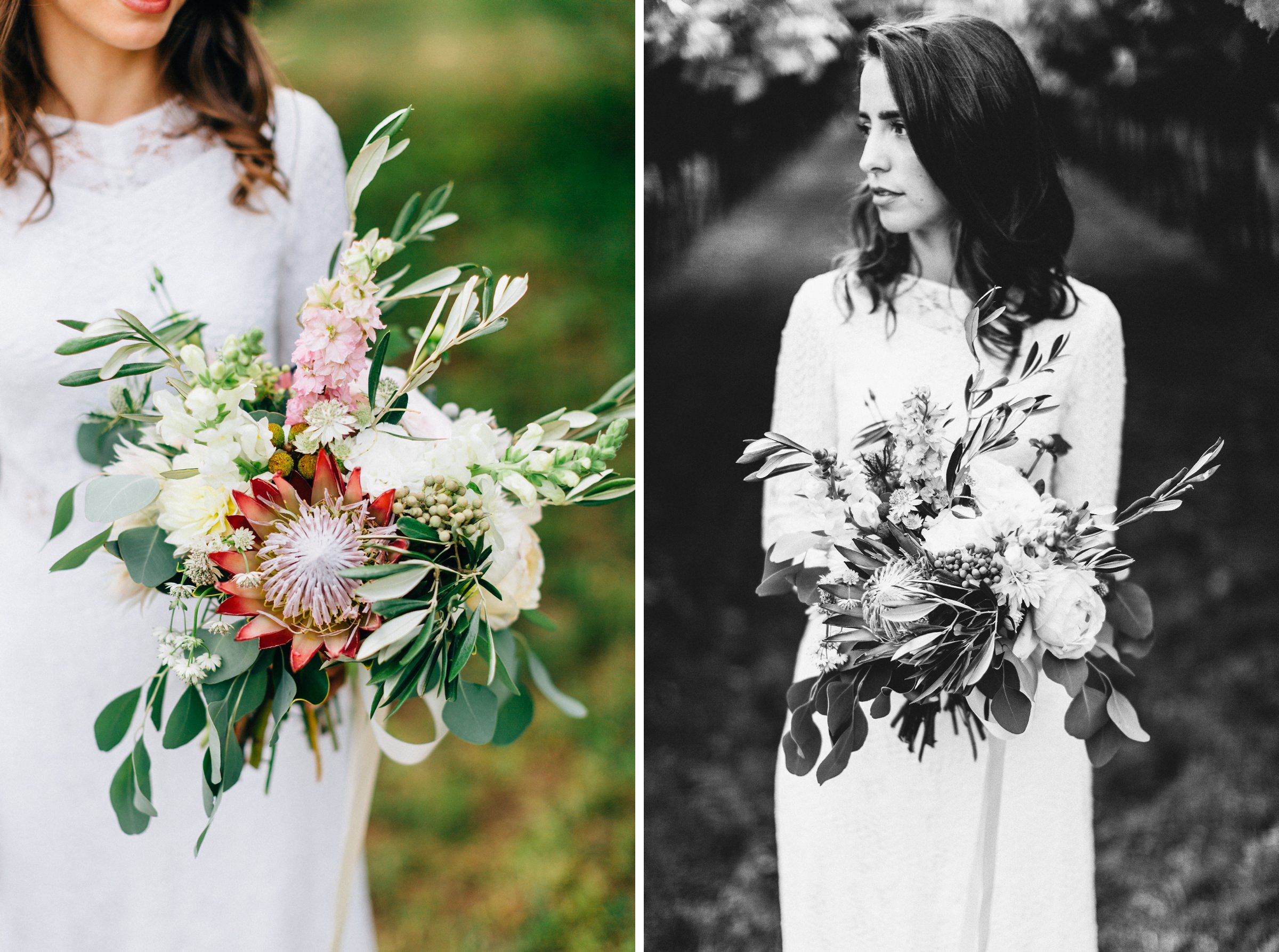 zwei Bilder in Hochkant: links ist die Nahaufnahme des Brautstrauß der mediterranen Hochzeit, rechts Portrait der Braut