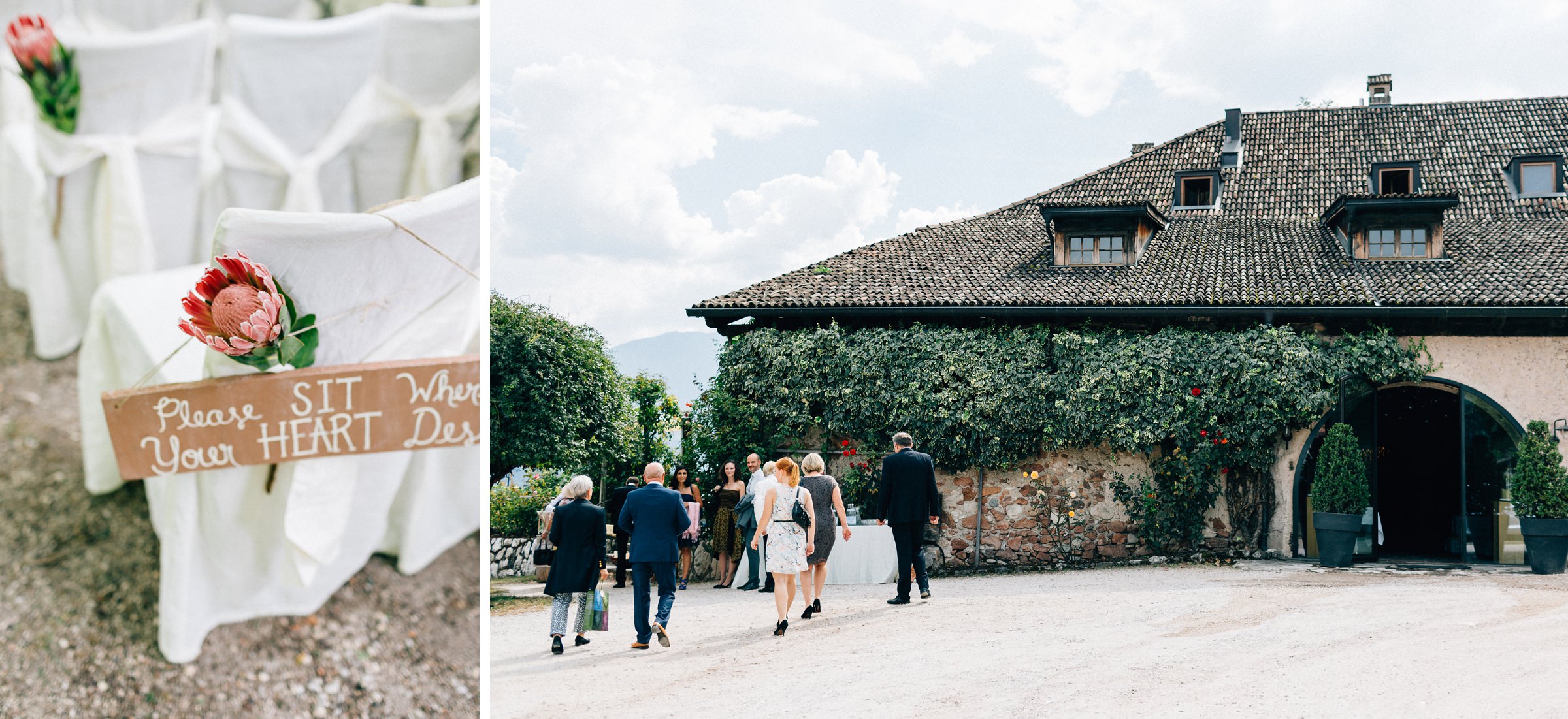 zwei Bilder nebeneinander: links Nahaufnahme der dekorierten Stühle der mediterranen Hochzeit, rechts Ankunft der Hochzeitsgäste