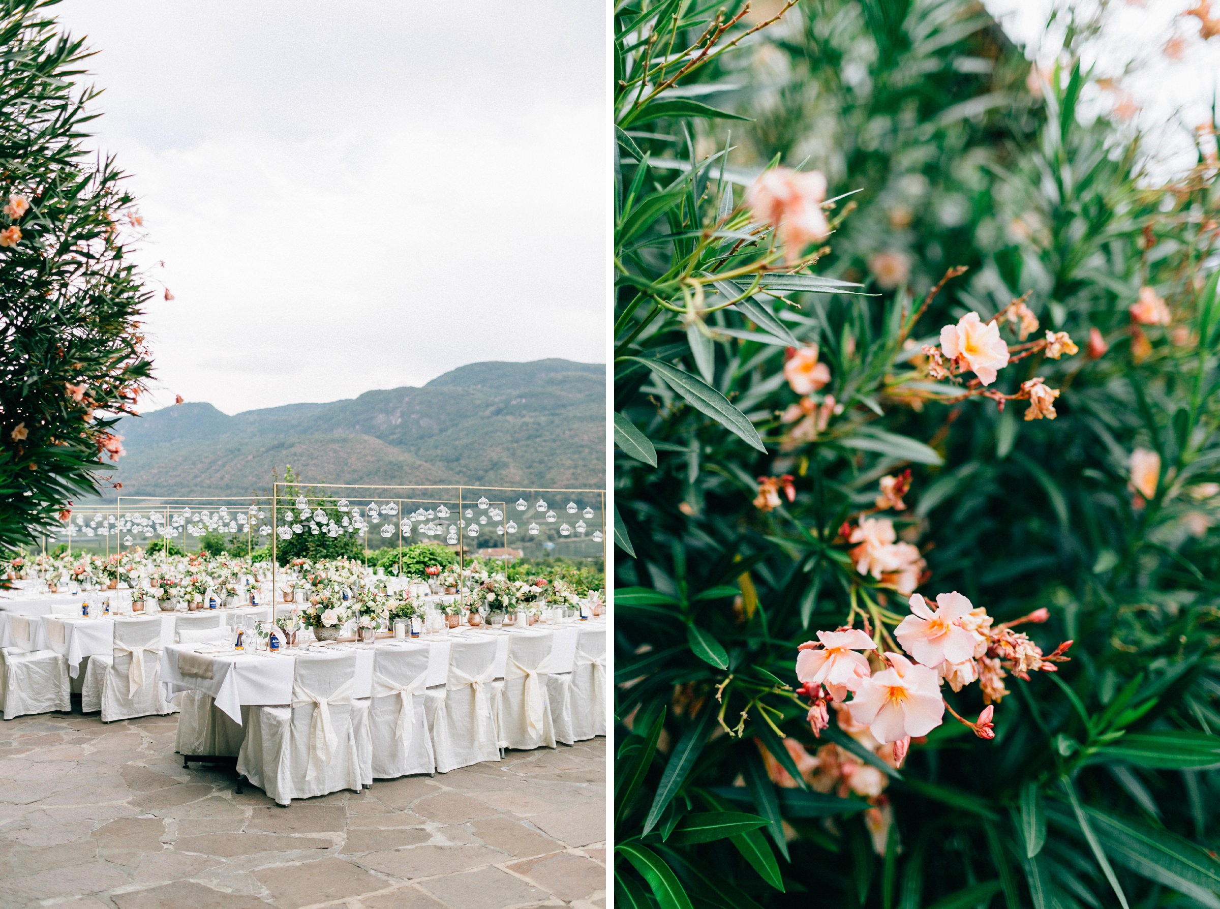 zwei Bilder in Hochkant: links die Hochzeitstafeln im Freien, rechts Blüten einer mediterranen Blume