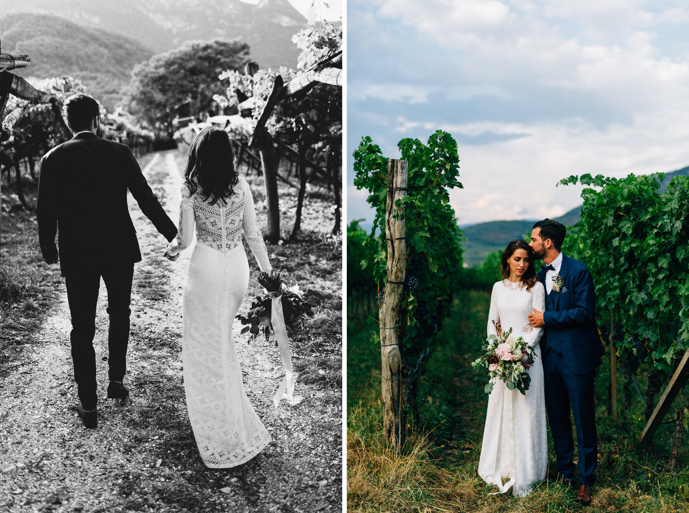 zwei Bilder in Hochkant: links Brautpaar fotografiert von hinten, läuft Hand in Hand, rechts stehen beide Arm in Arm, Bräutigam küsst Braut