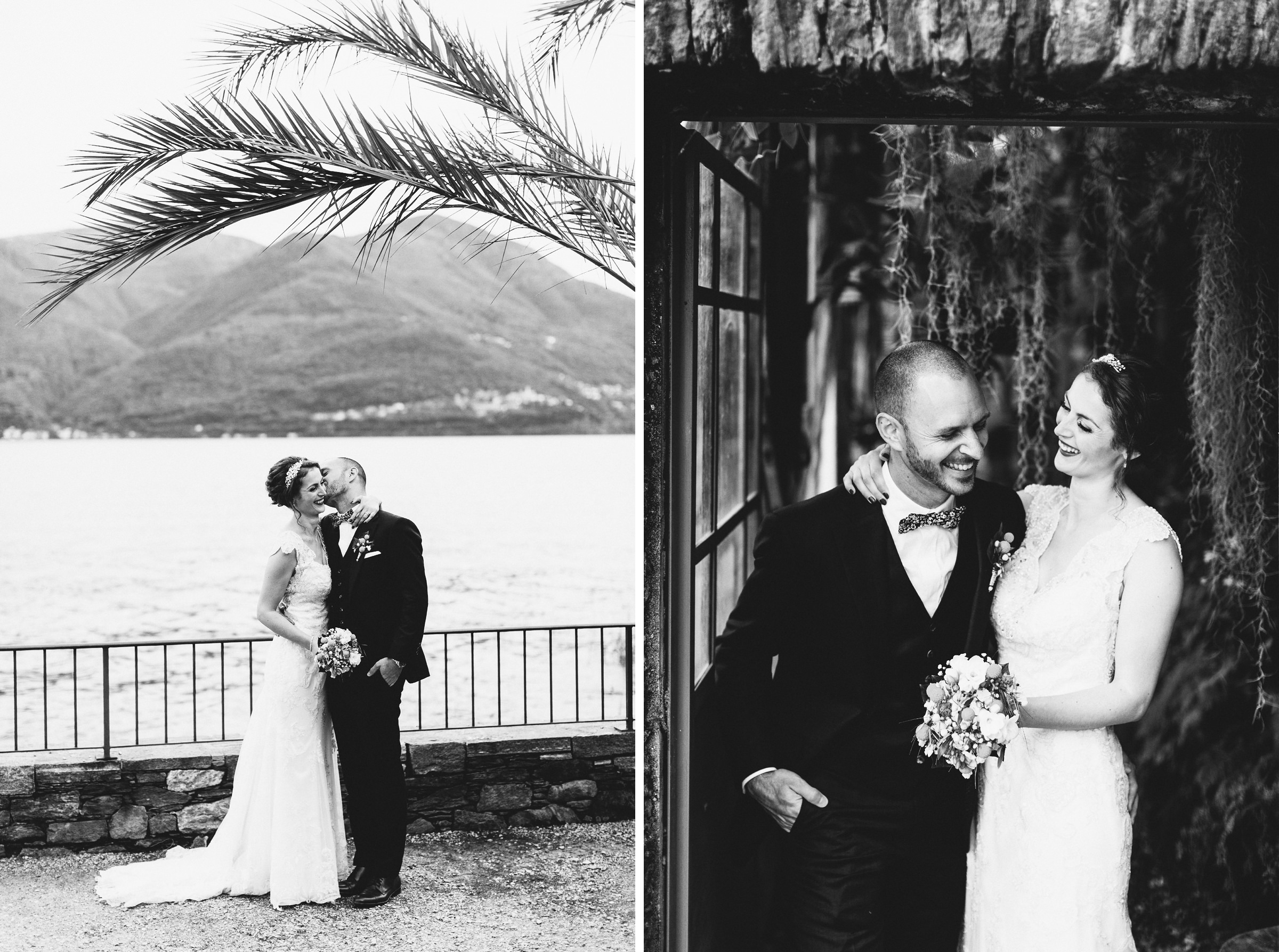 Hochzeit auf einer Insel: lachendes Brautpaar, im Hintergrund der See und die Alpen