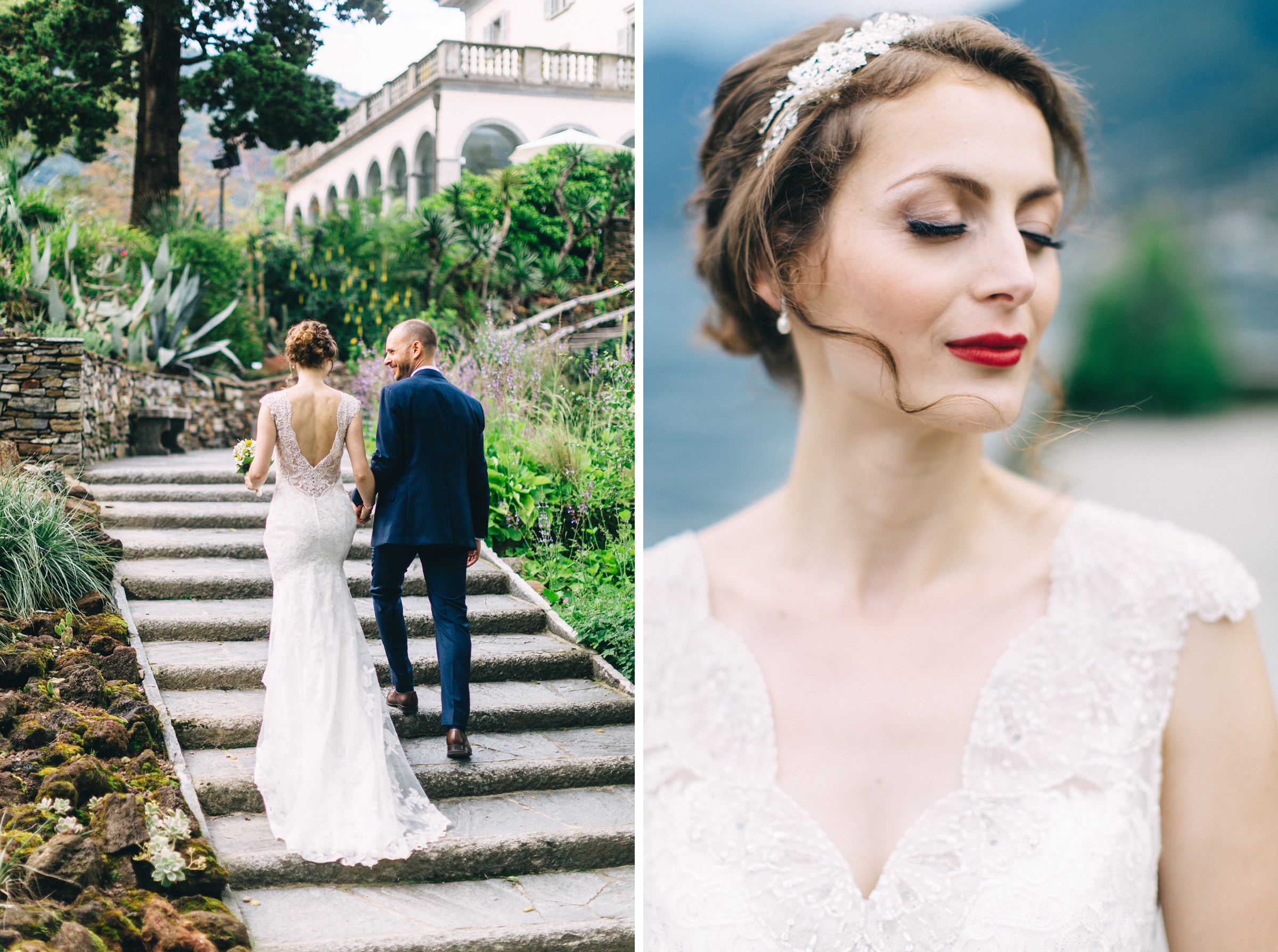 Hochzeit auf einer Insel: Brautpaar steigt Hand in Hand die Treppe zur Villa hinauf