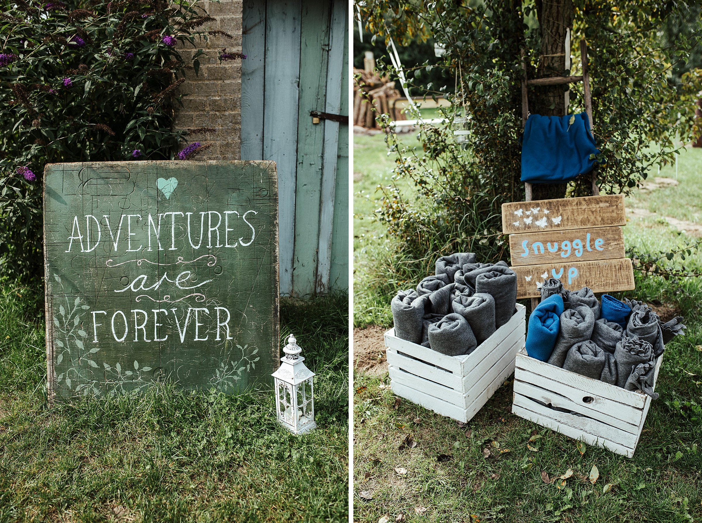 links: Tafel mit Spruch "Adventures are forever", rechts Decken für die Gäste der Scheunenhochzeit