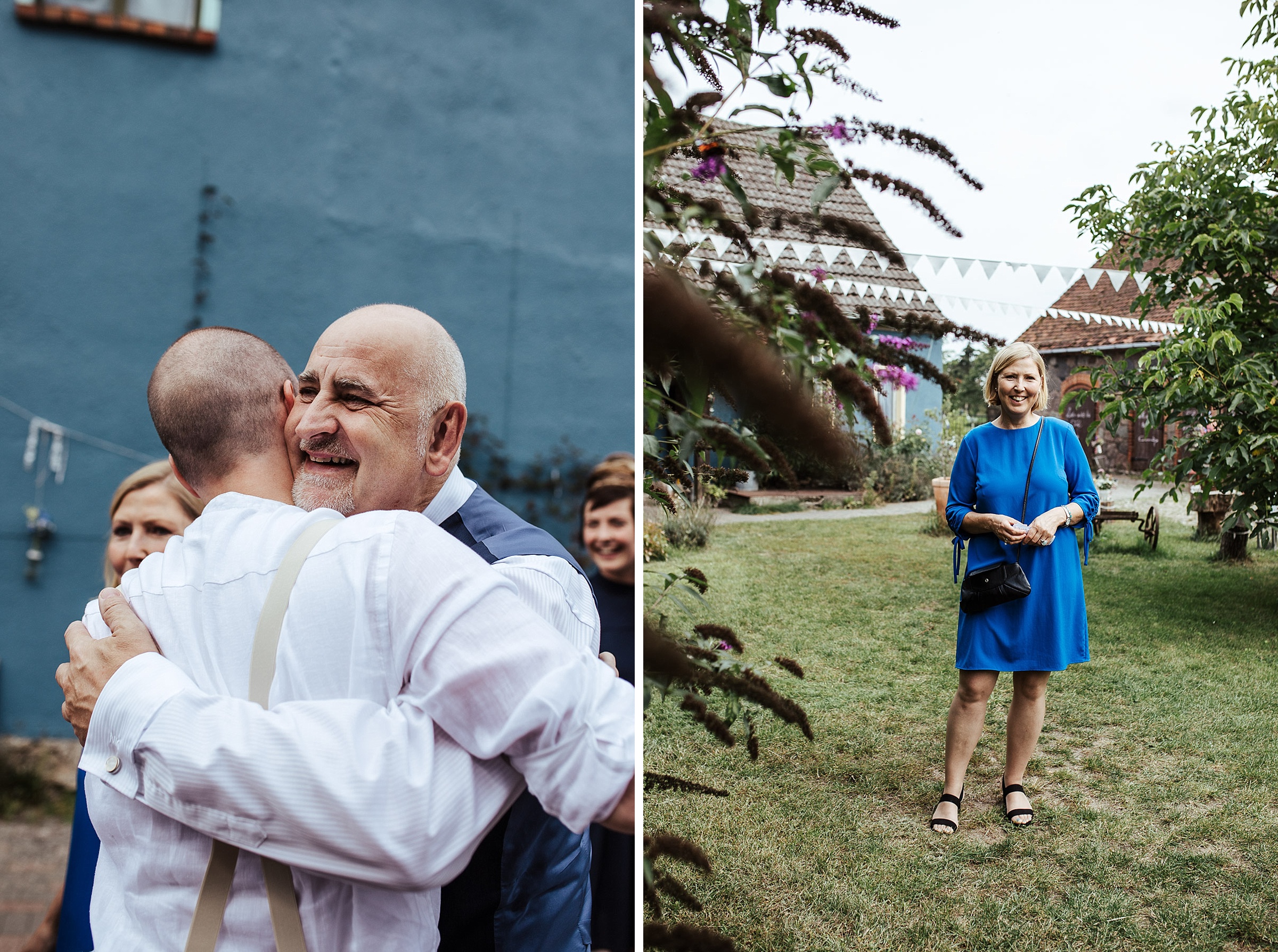 kurz vor der Scheunenhochzeit, links: Bräutigam wird umarmt, rechts: Portrait eines Gasts im blauen Kleid