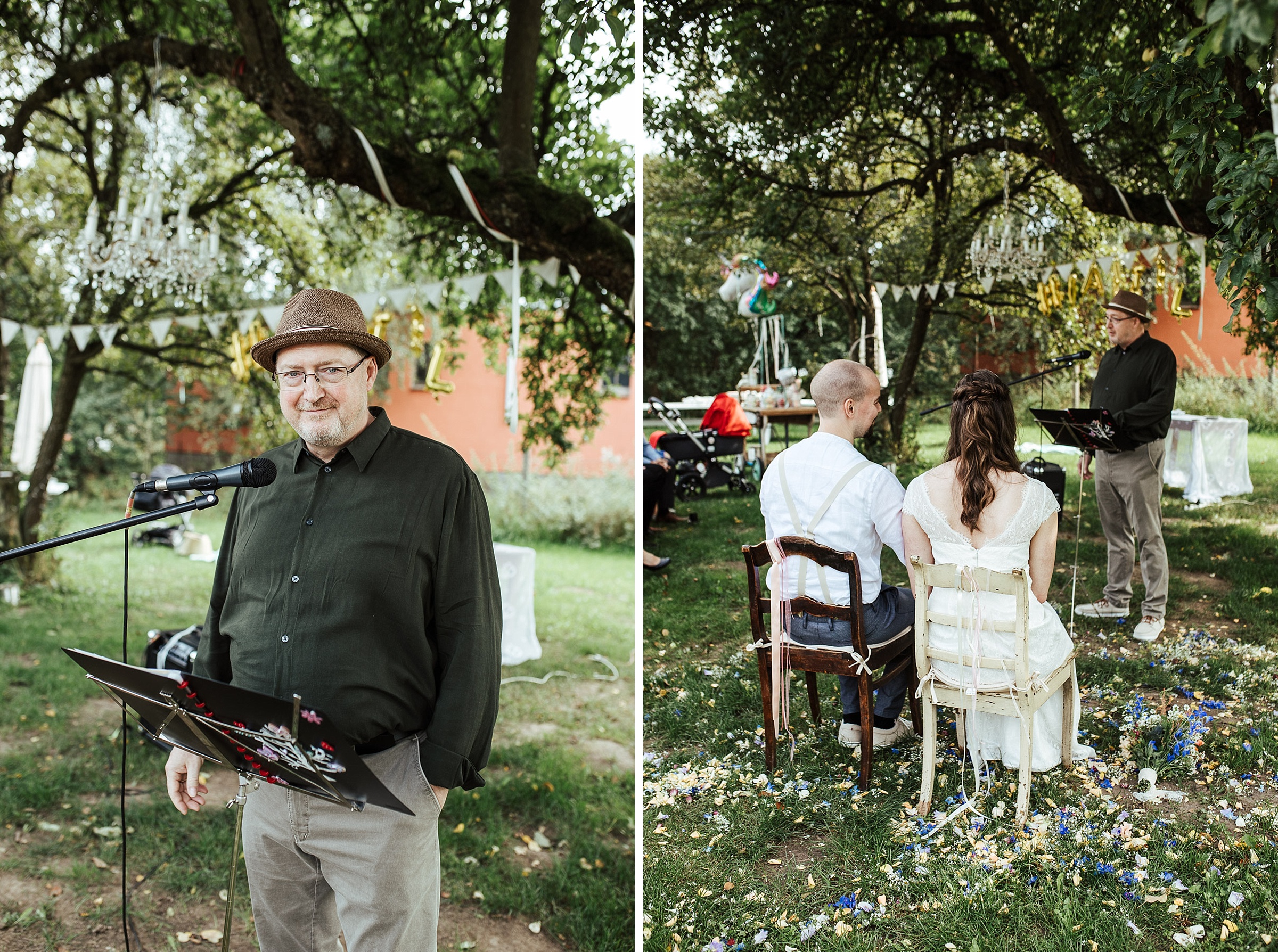 links: Portrait des Brautvaters während der freien Trauung, rechts: Brautpaar lauscht dem Brautvater während der Scheunenhochzeit