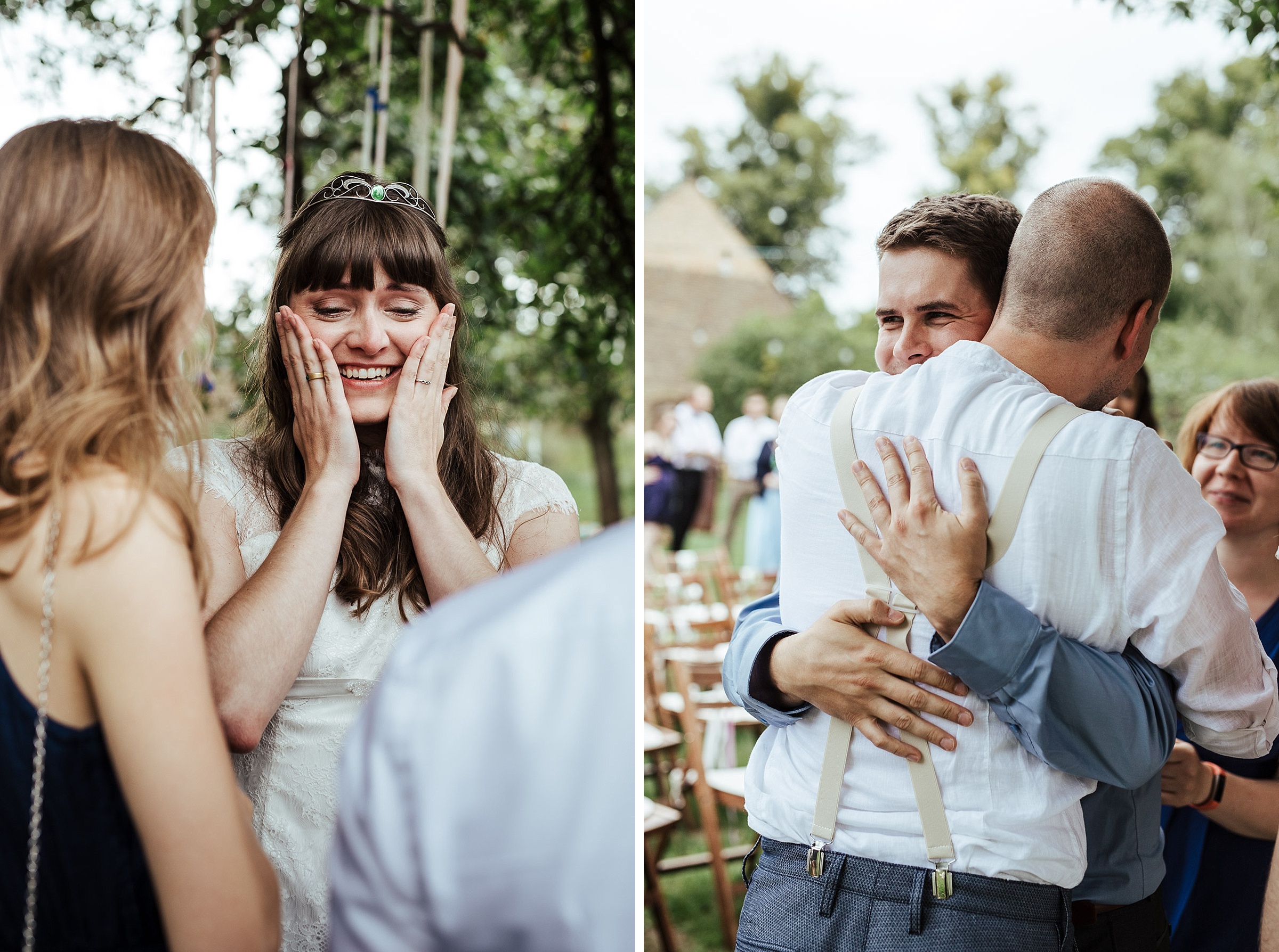 nach der Trauung der Scheunenhochzeit, links: Braut ist gerührt, rechts: Bräutigam wird von Gast umarmt