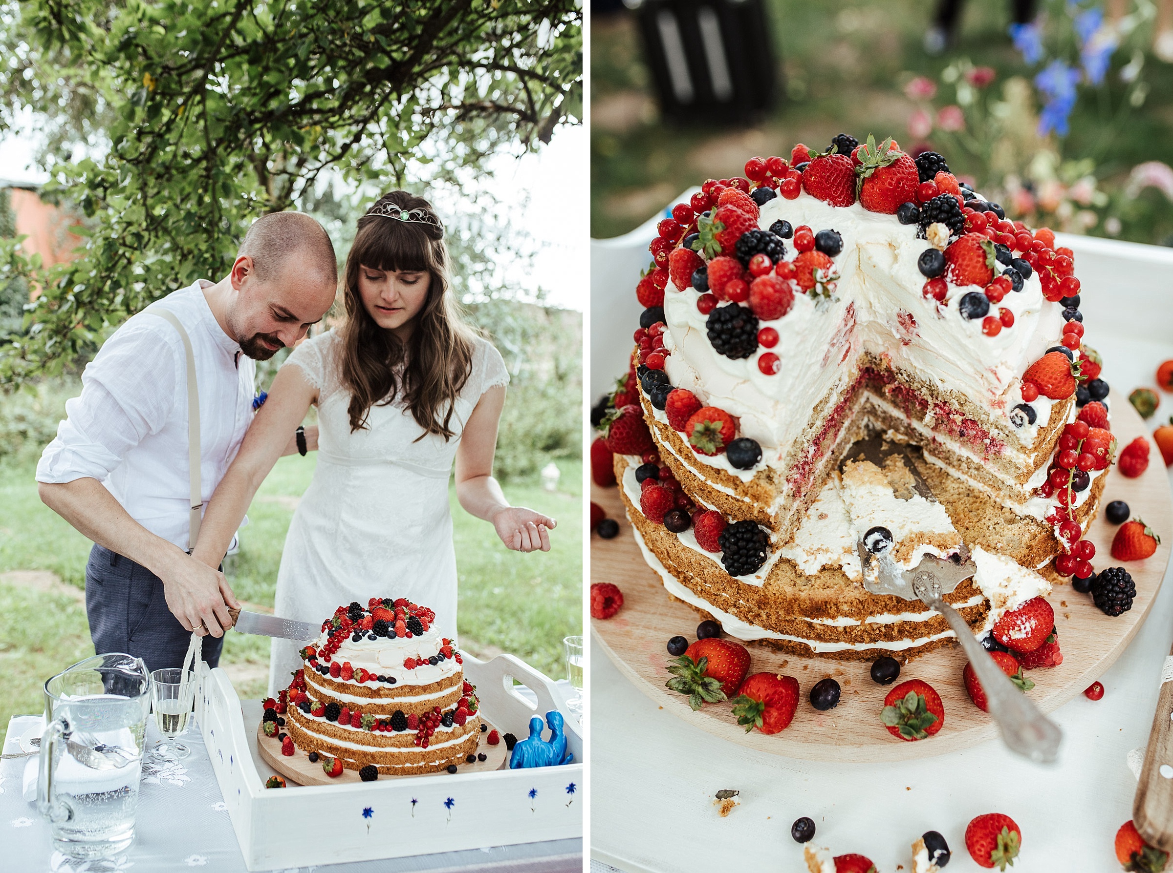 Scheunenhochzeit, links. Brautpaar schneidet Torte an, rechts: angeschnittene Hochzeitstorte