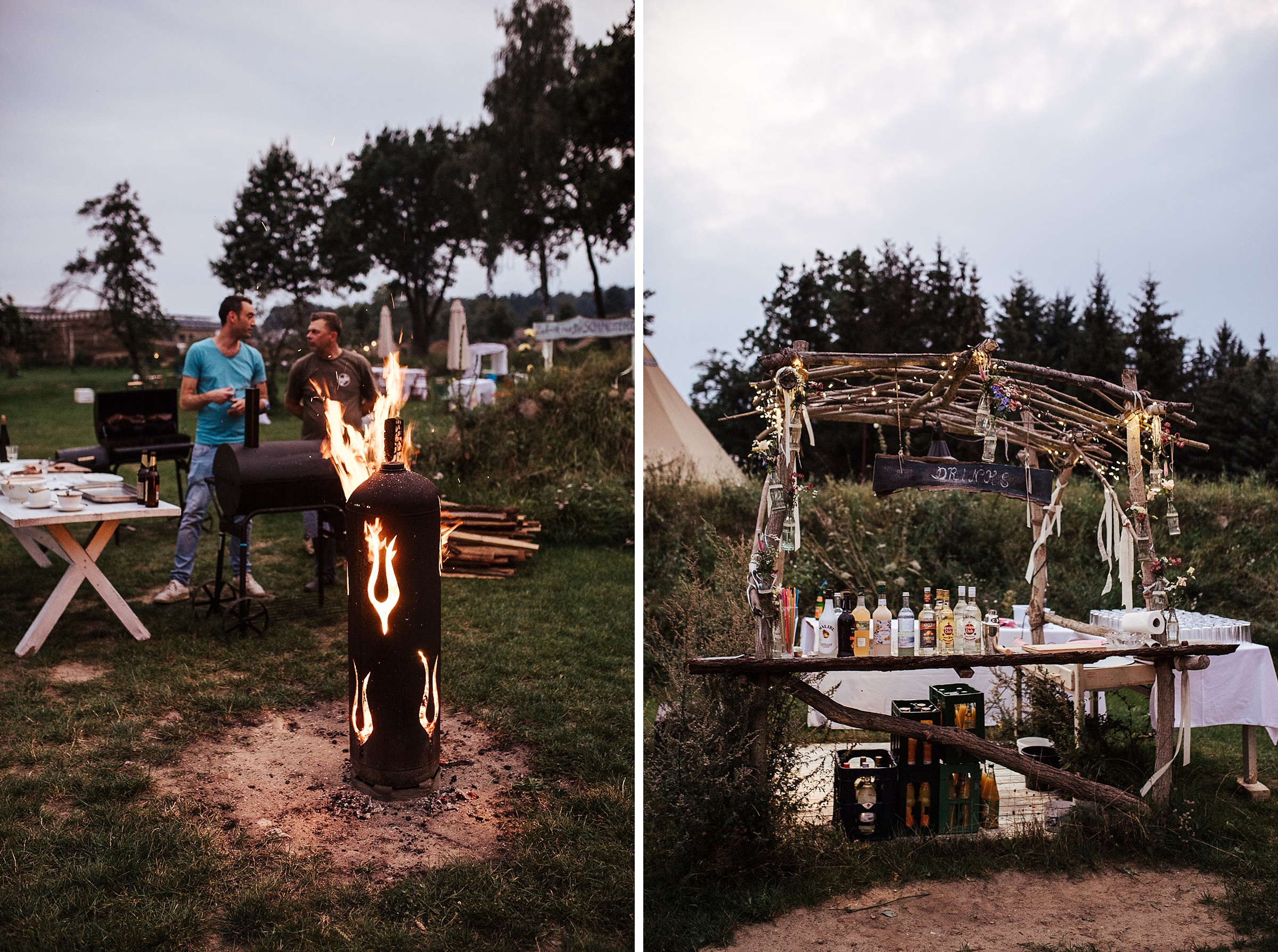 links: Lagerfeuer, rechts: rustikale Bar der Scheunenhochzeit