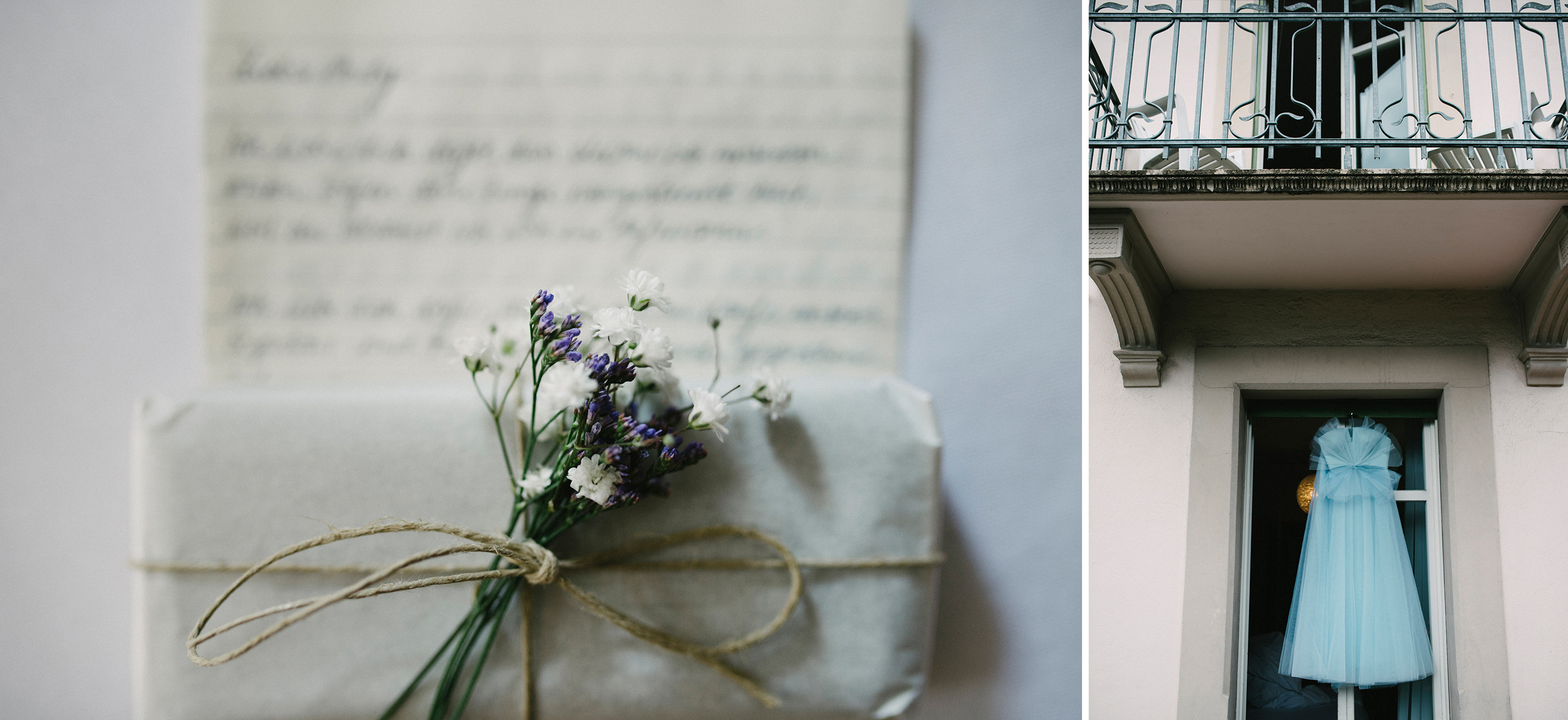 Berghochzeit: Umschlag mit Lavendelblume und blaues Brautkleid im Fenster