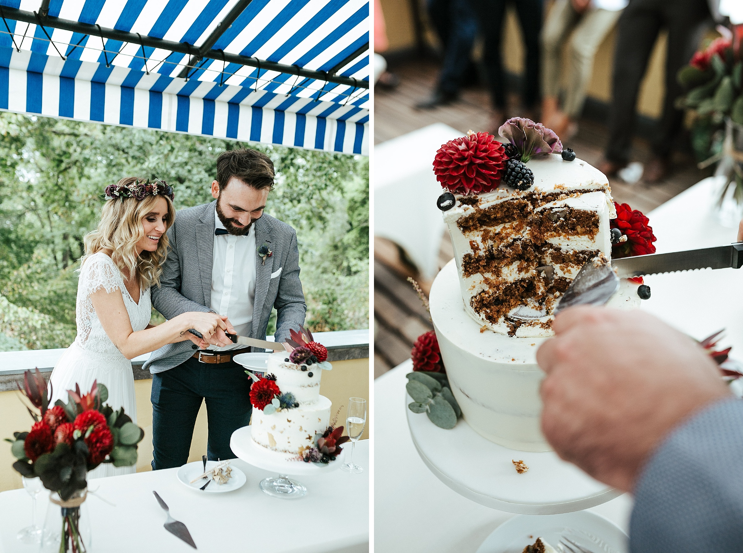 Septemberhochzeit: Brautpaar schneidet die Hochzeitstorte an