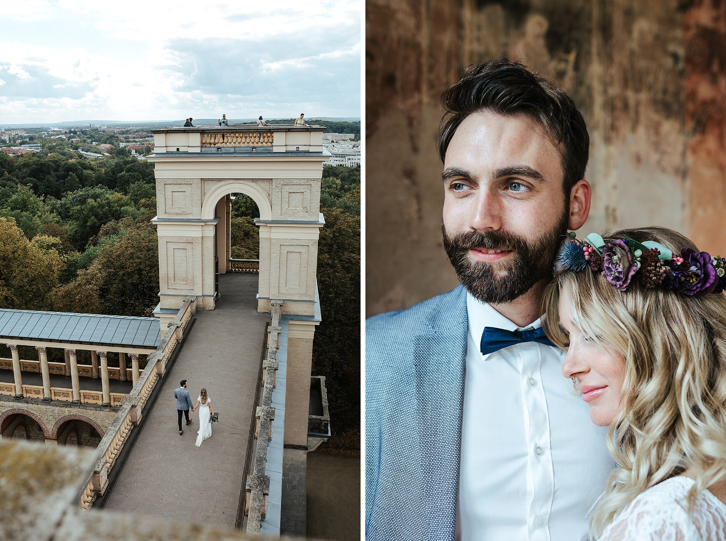 Septemberhochzeit: Braut schmiegt sich an Bräutigam, sie laufen gemeinsam über den Verbindungsgang zum nächsten Turm