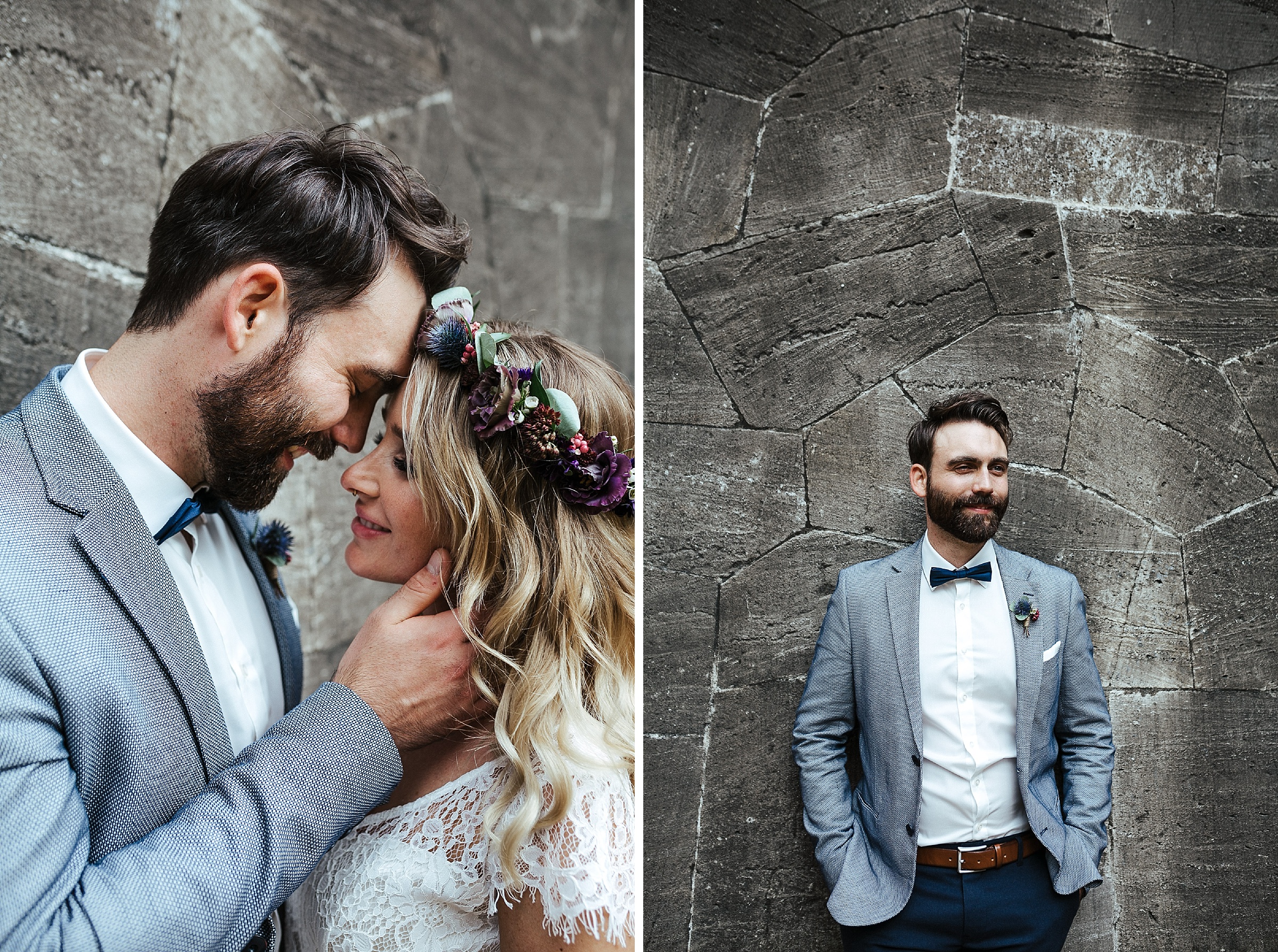 Septemberhochzeit: Portrait des Brautpaares und rechts ein Einzelportrait des Bräutigams