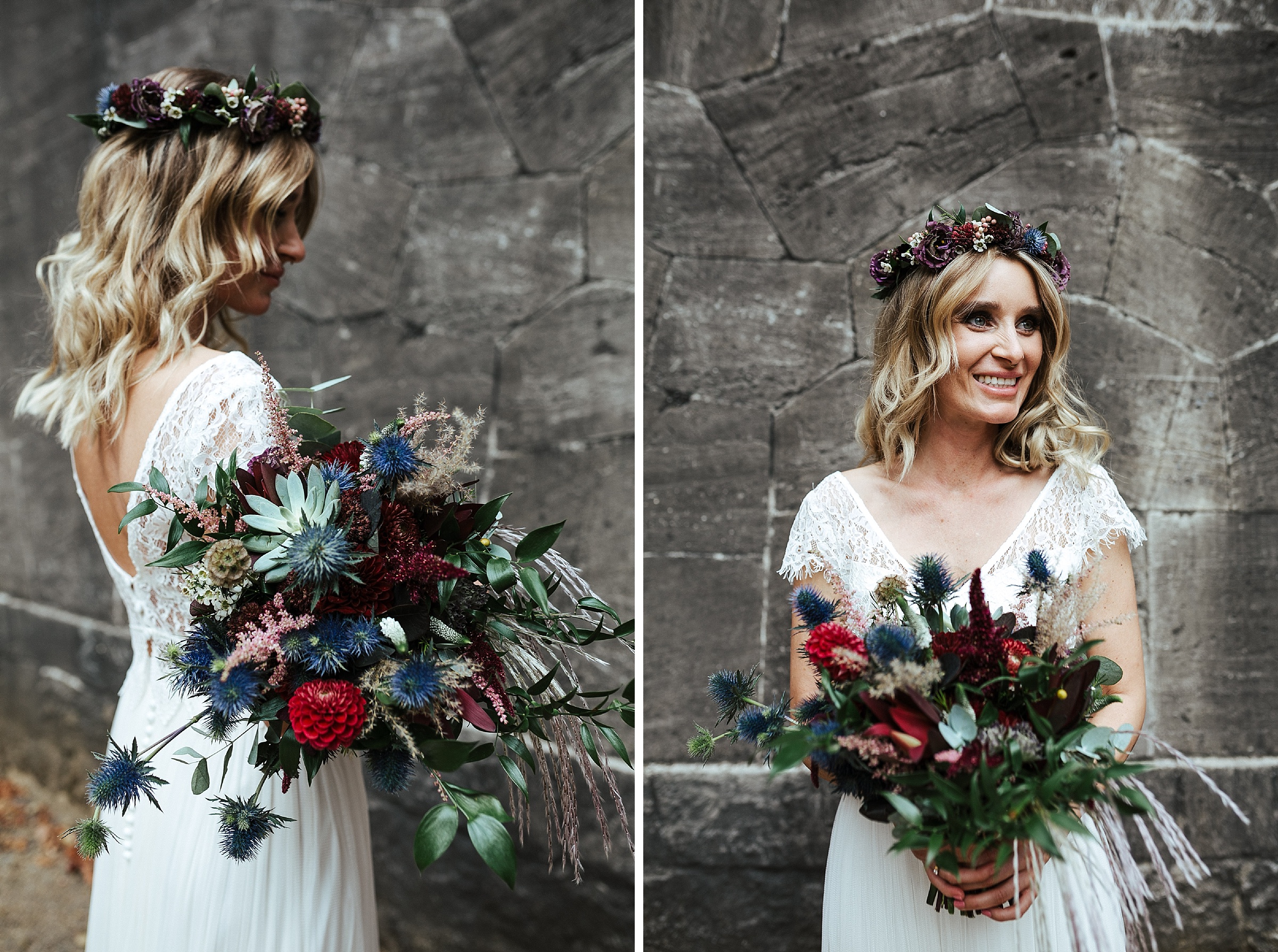 Septemberhochzeit: zwei Portraits der Braut mit Brautstrauß