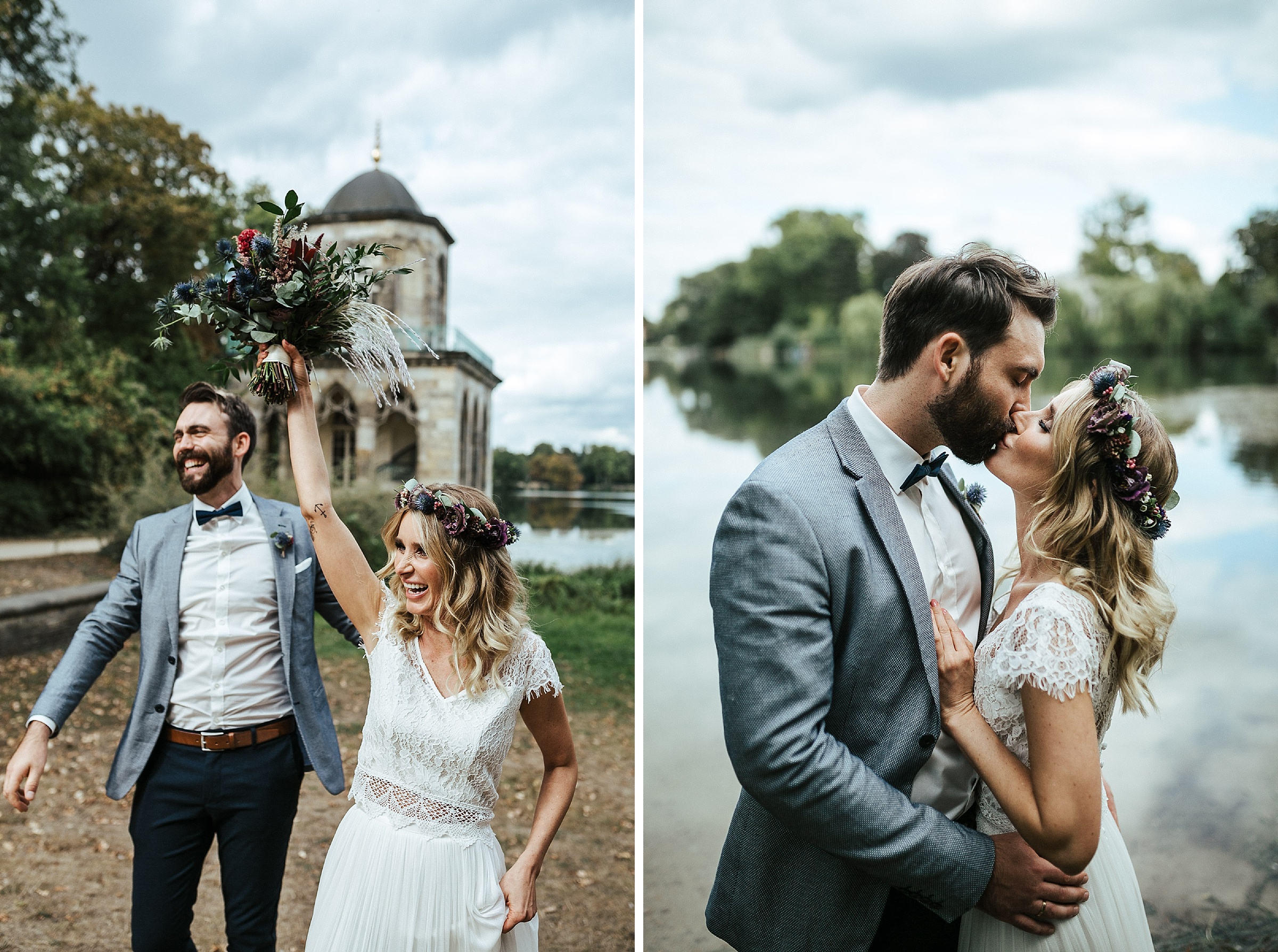 Septemberhochzeit: jubelndes und küssendes Brautpaar
