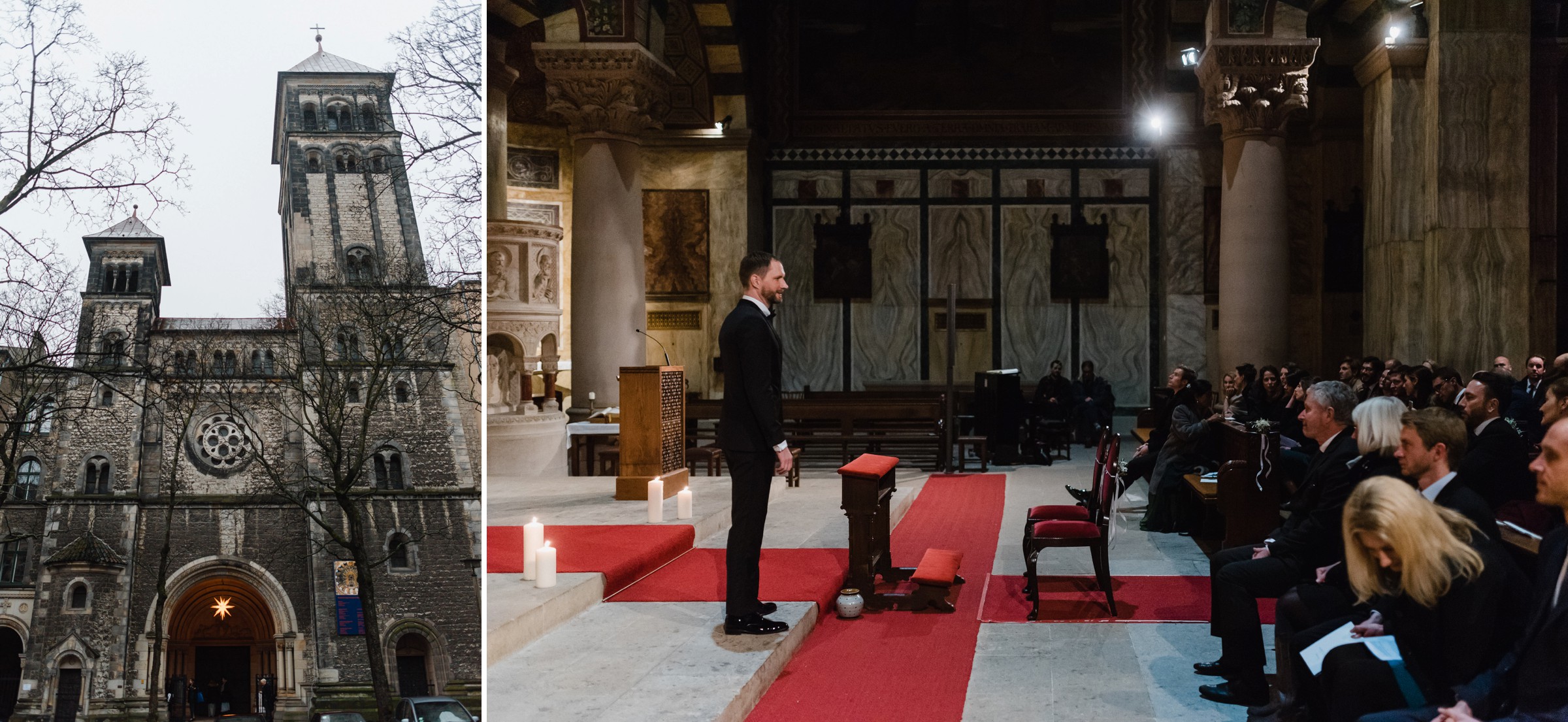 Winterhochzeit: Bräutigam wartet in der Kirche