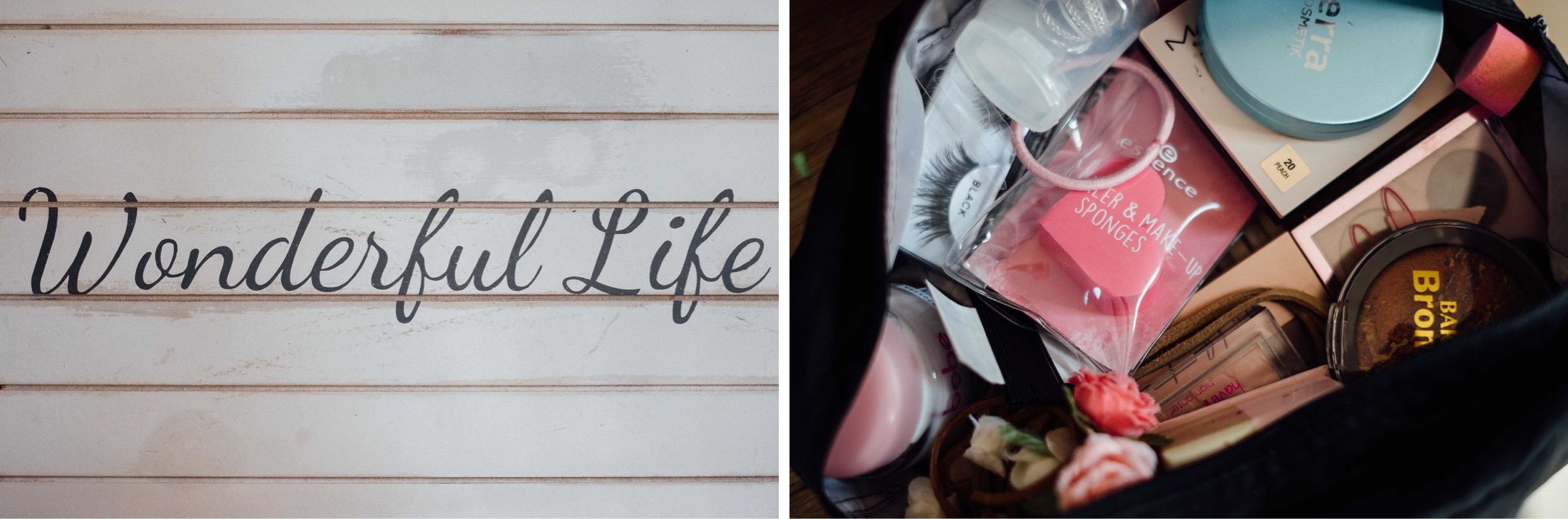 Hochzeit in Bremen: Collage aus einem Bild links, eine Wand mit der Aufschrift Wonderful Life und rechts dem Inhalt einer Tasche voll Schminkprodukten 