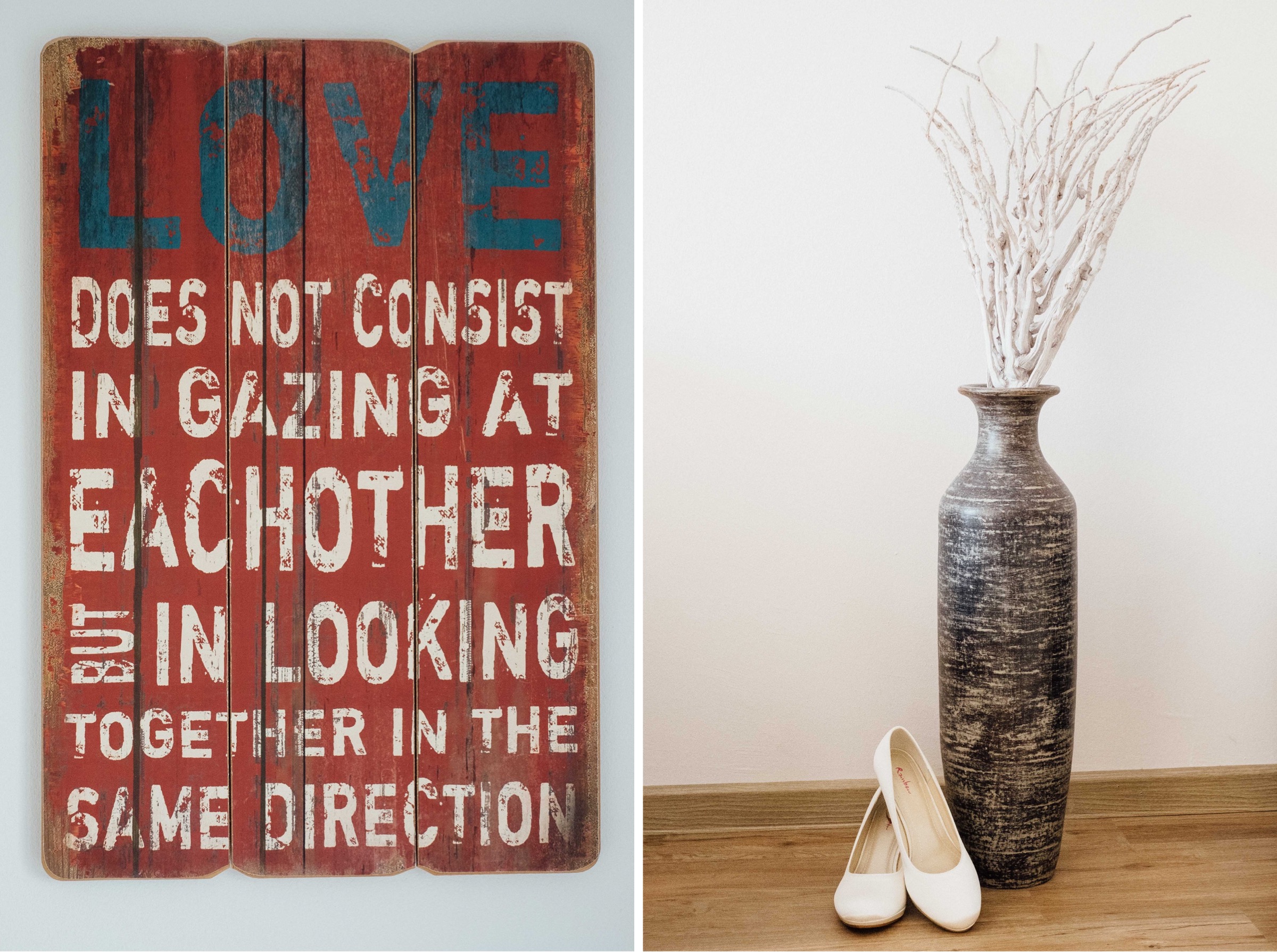 Hochzeit in Bremen: Collage, linkes Bild Dekobild an der Wand, rechts Bodenvase mit Brautschuhen