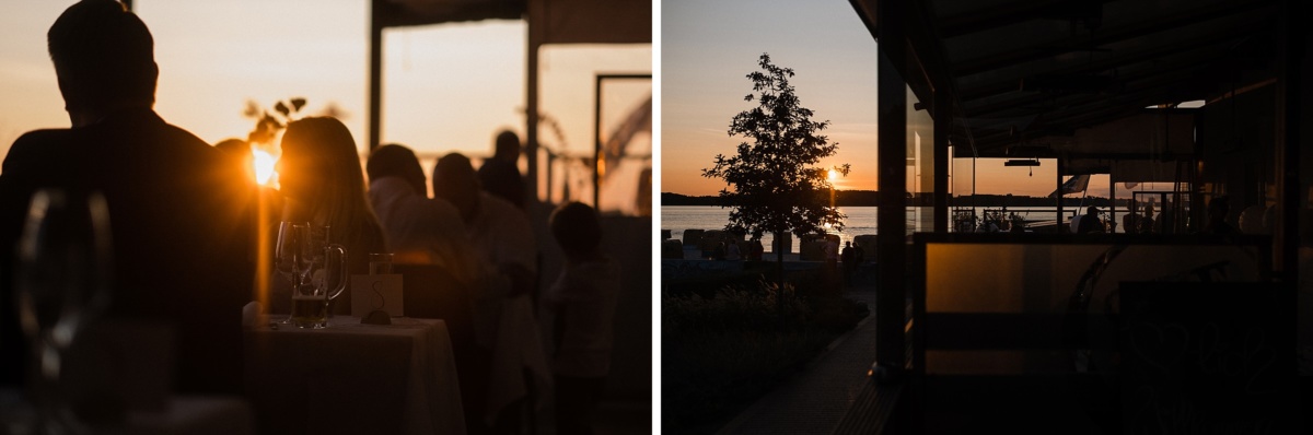 Strandhochzeit in Kiel: Sonnentuntergansgsstimmung während des Essens.