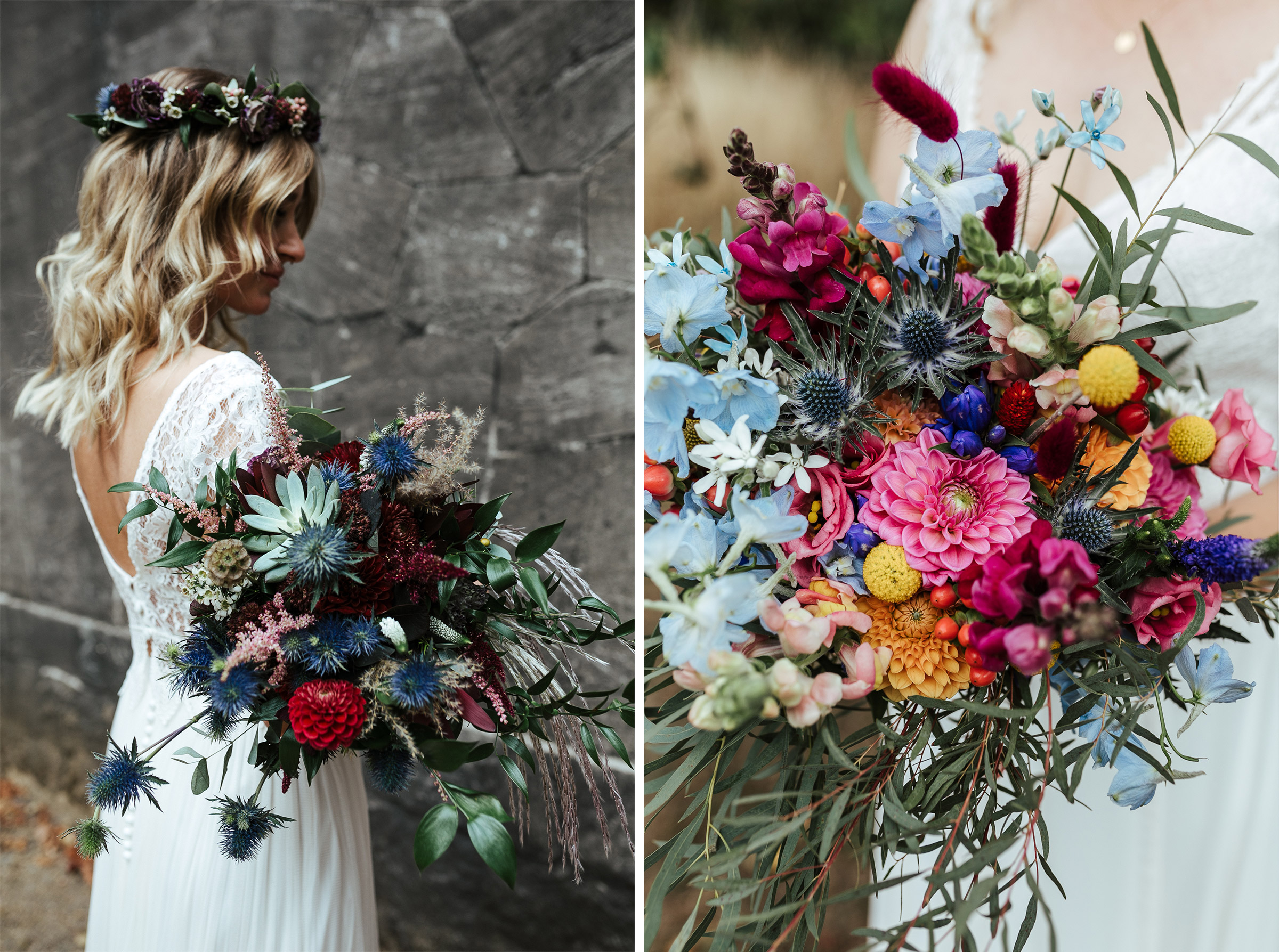 Blumenschmuck von Kopflegenden: zwei Brautsträuße