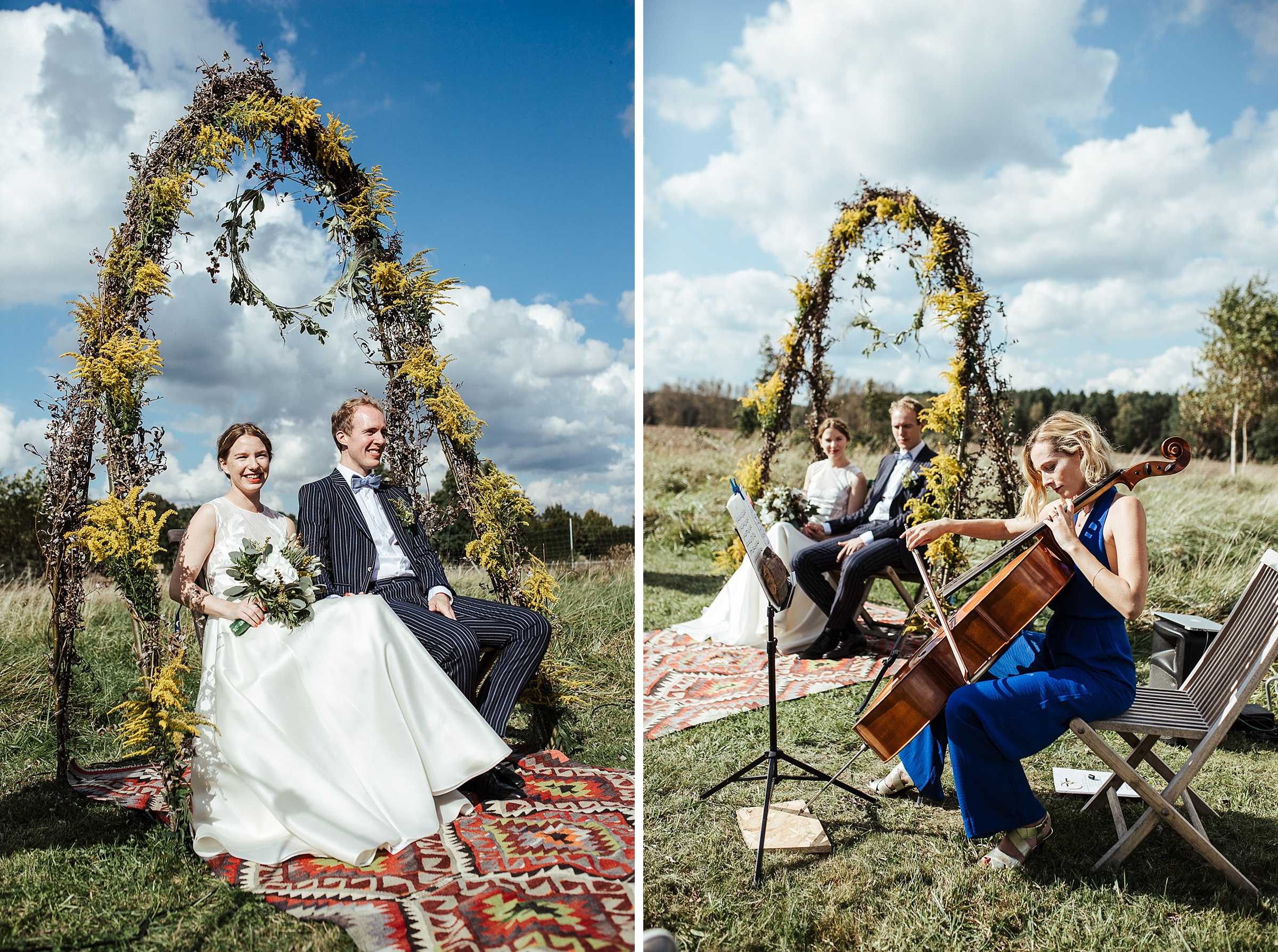 Landhochzeit: lachendes Brautpaar und Cellospielerin