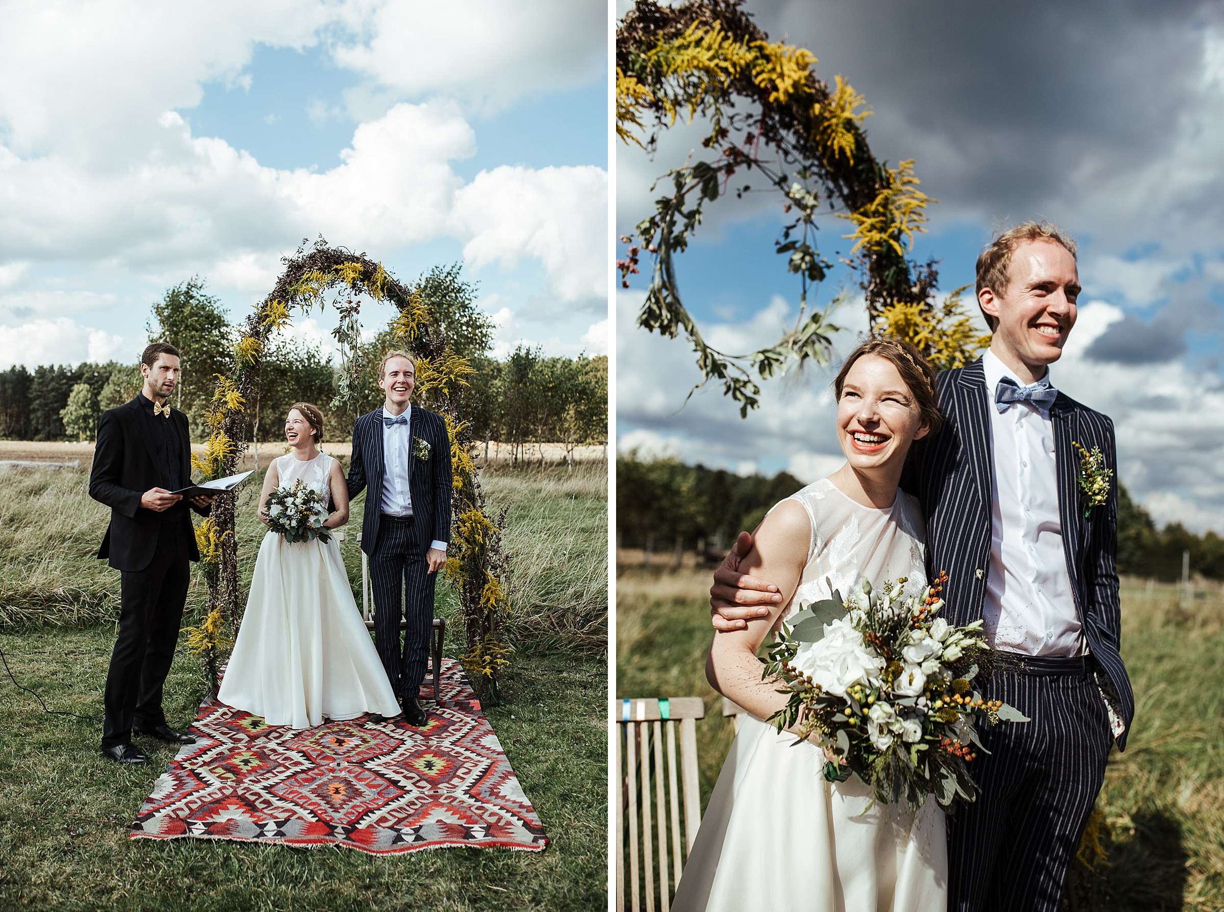 Landhochzeit: lachendes Brautpaar Arm in Arm